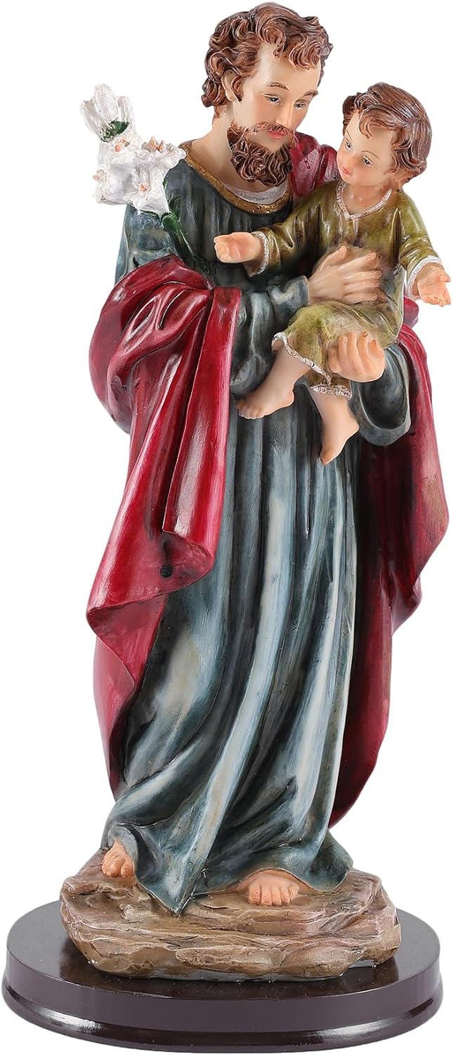 Catholic St. Joseph with Baby Jesus Statue - 9.4" Hand-Painted Resin Figurine on Premium Wooden Base, Patron Saint of Fathers Religious Decor Home Altar