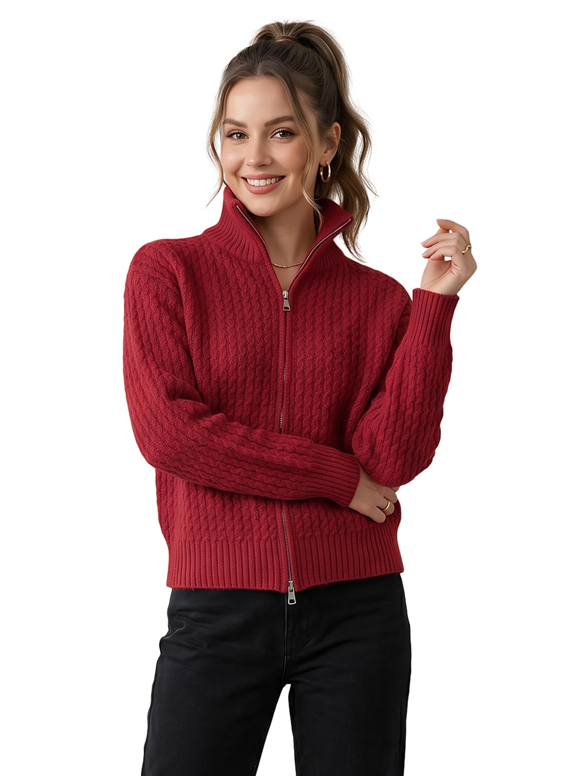 gfo Women High Neck Zip Front Full Sleeve Winter Sweatshirt-picture-1