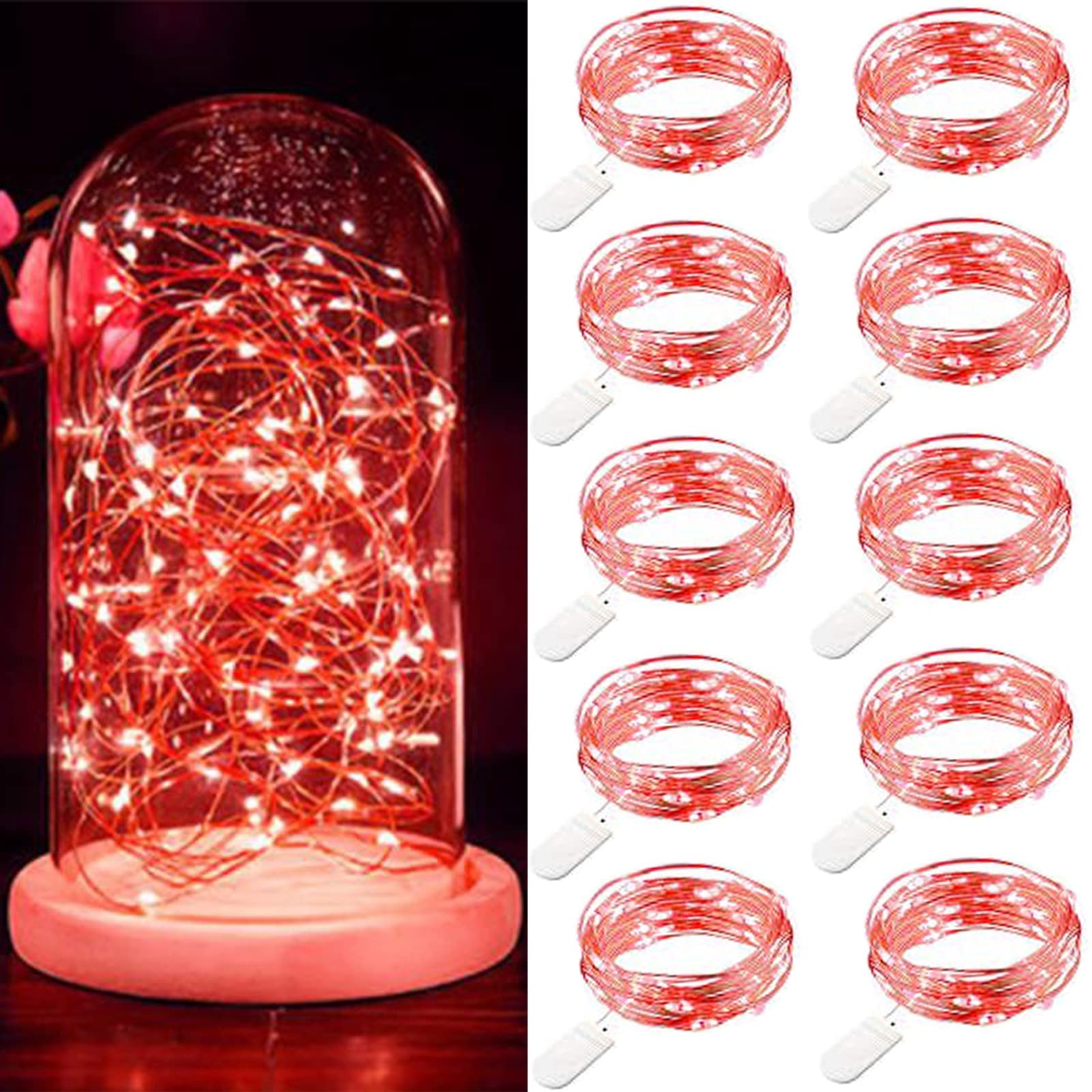 Packung mit 10 batteriebetriebenen LED-Lichterketten, 1m, 10 LEDs, Silberdraht, Flaschenstern-Lichterketten, wasserdicht, rot, für Weihnachten, Hochzeitsfeier, Schlafzimmer, Innen- und Außendekoration