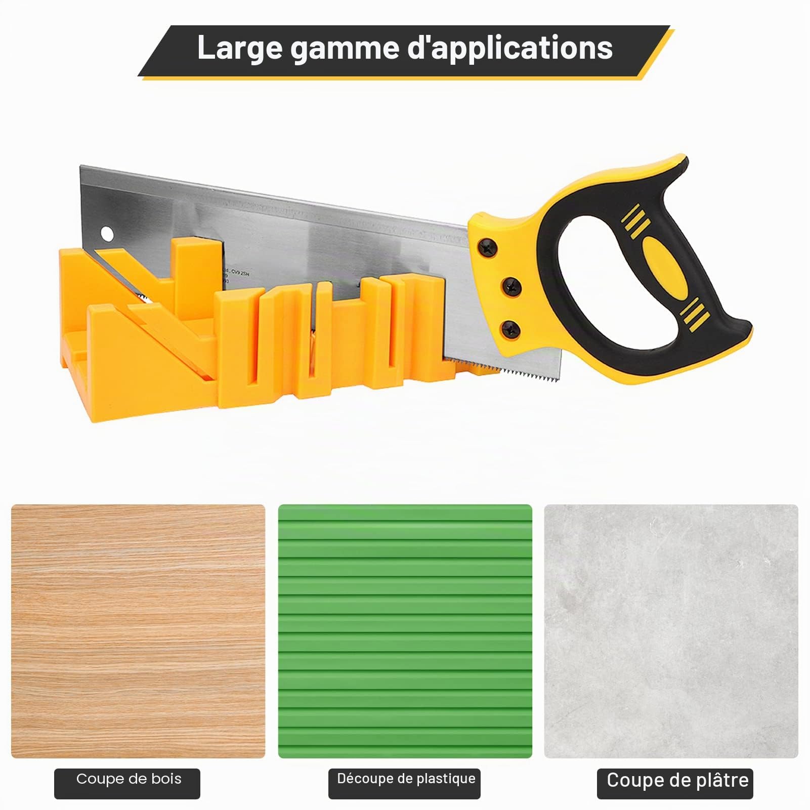 Boîte à onglets avec scie, boîte à onglets avec scie à dos, guide à onglet en plastique avec compartiment de scie, boîte à scie à onglet pour travail du bois, angle de 22,5°, 45°, 90° réglable