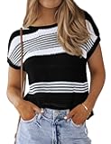Women's Summer Going Out Shirts Short Sleeve Crew Neck Crochet Tops Trendy Casual Colorblock Blouses
