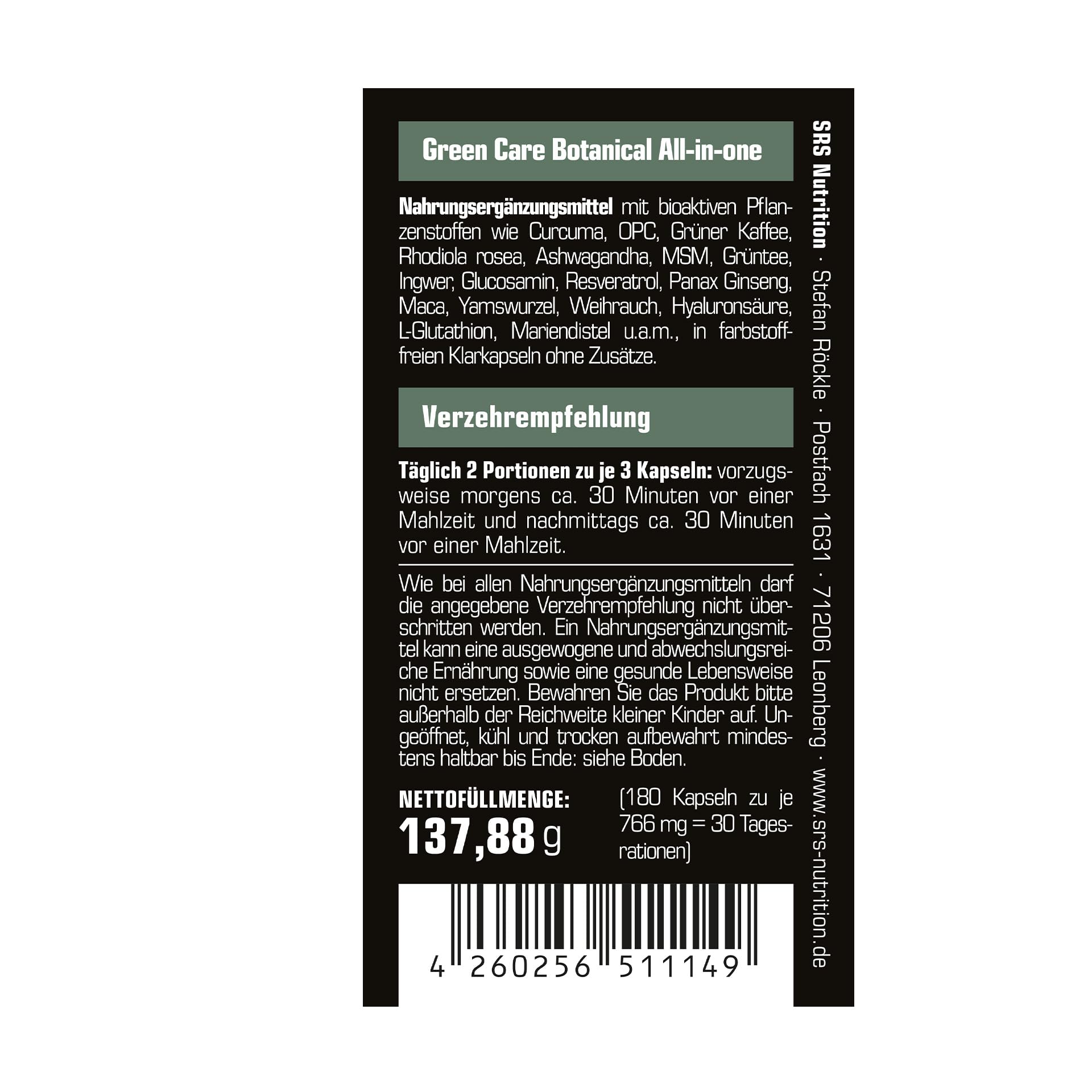 SRS Fit&Health - Green Care, 180 Kapseln | Botanical All-in-one mit 29 Inhaltsstoffen | breites Wirkspektrum | vegan | kleine Kapseln | deutsche Premiumqualität
