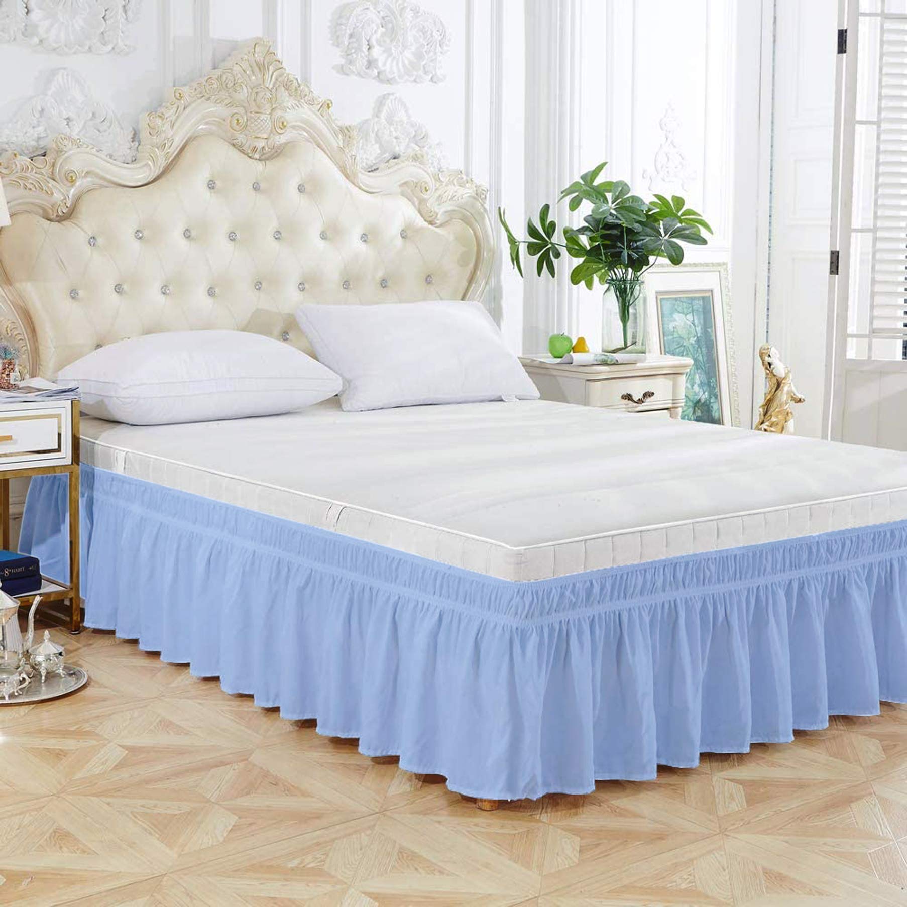 Wrap Around Bed Skirt Queen Size (60" W x 80" L) Microfiber 1800 Thread Count with Adjustable Three Fabric Sides Elastic Belts, Easy Fit Bed Skirt - 14" Height (Light Blue Solid) Color-image-45