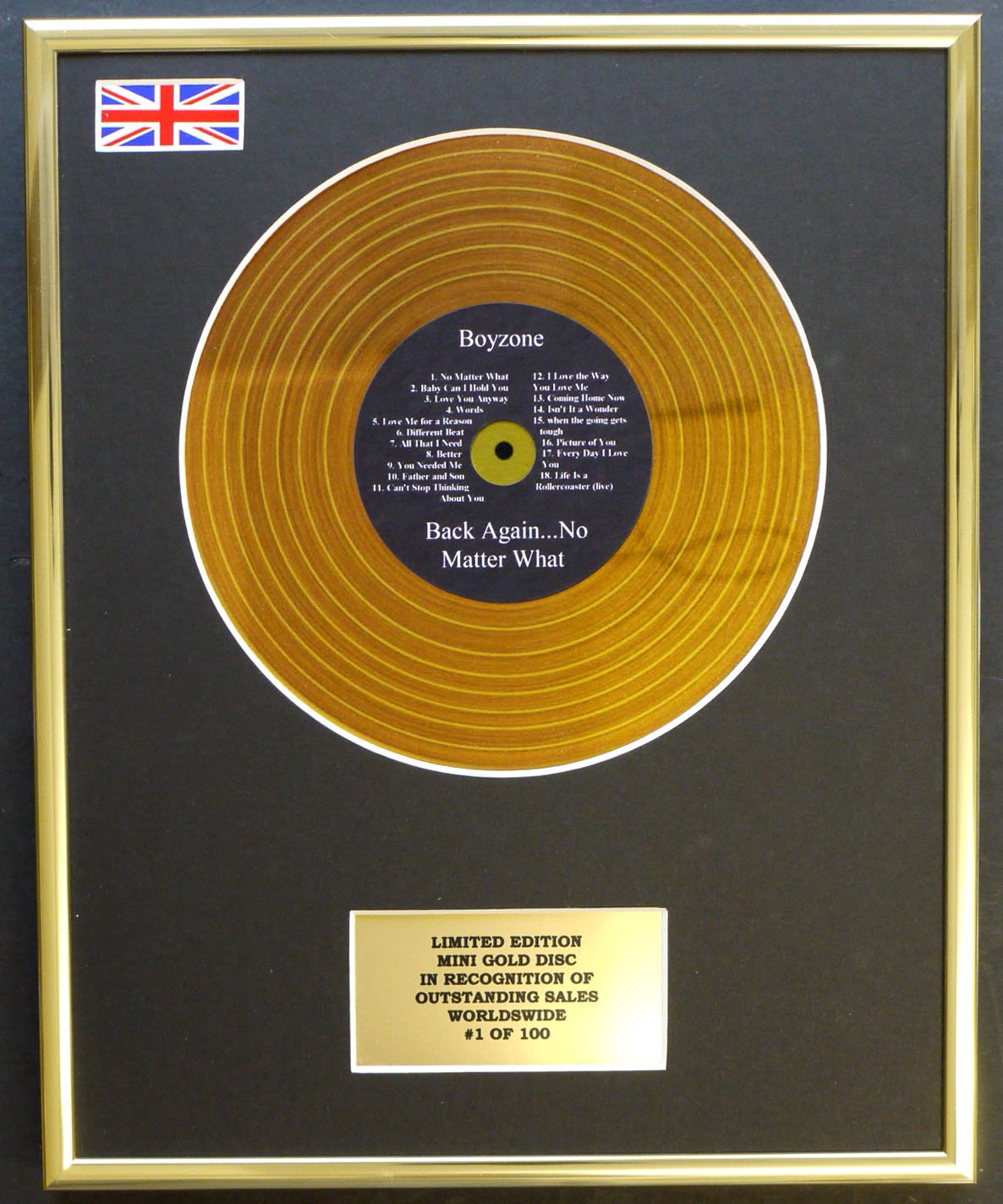 Limited Edition mini gold disc Display BOYZONE/MINI GOLD DISC DISPLAY/LIMITED EDITION/COA/BACK AGAIN. NO MATTER WHAT