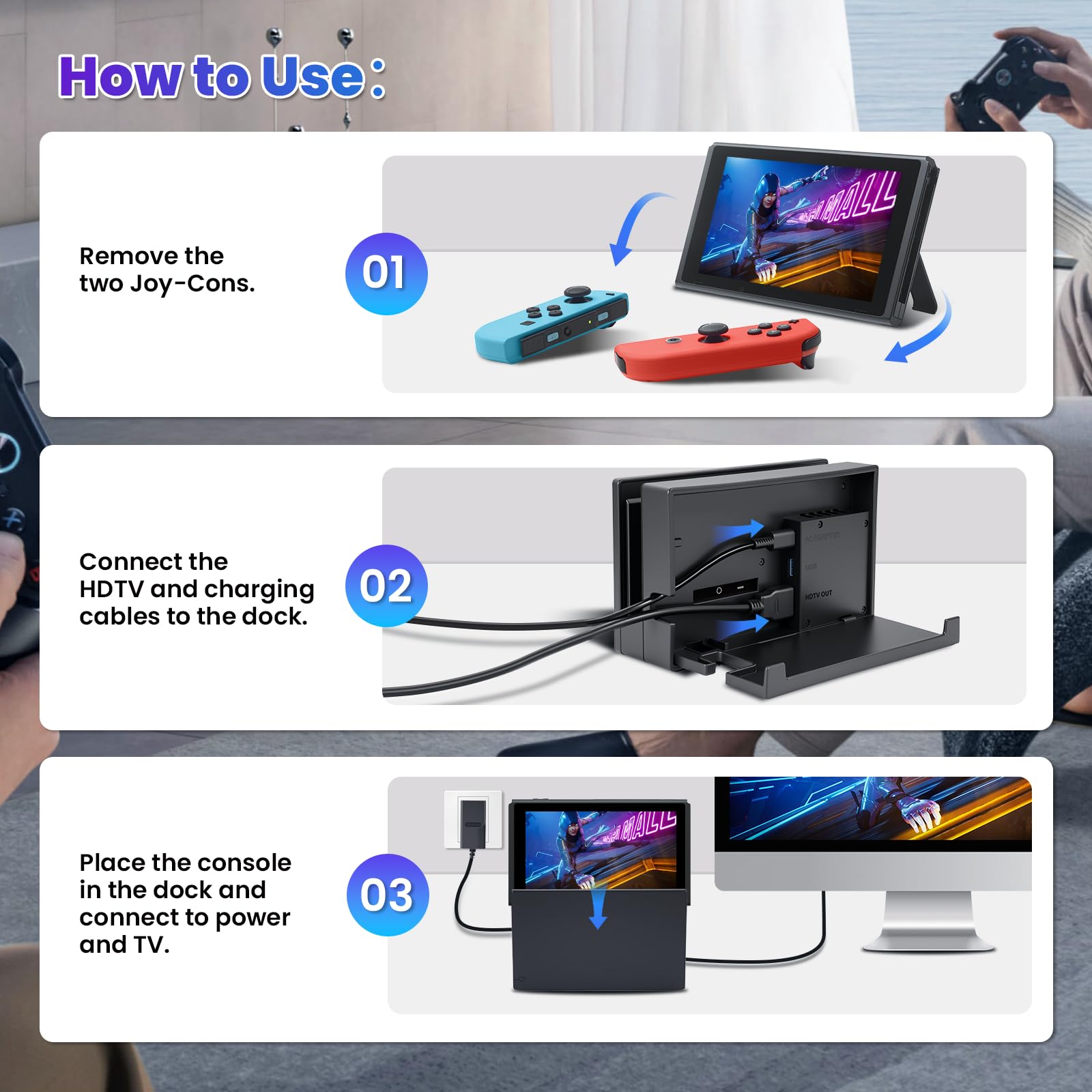 Docking Station für Nintendo Switch & OLED - 3-in-1 TV Dock Komplettset mit HDMI-Ausgang, Netzteil & Kabel, Tragbare Ersatz-Dockingstation für Zuhause & Reisen [Ohne LAN/Ethernet]