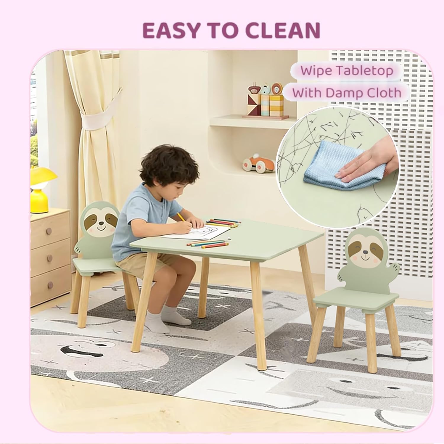 Kids Table and 2 Chairs, Toddler Wooden Stable Table and Chair Set (Sloth), 23.62" L x 23.62" W Desk for Classroom/Playroom/Daycare/Home (Aged 3-8), CPC & CPSIA Certificated