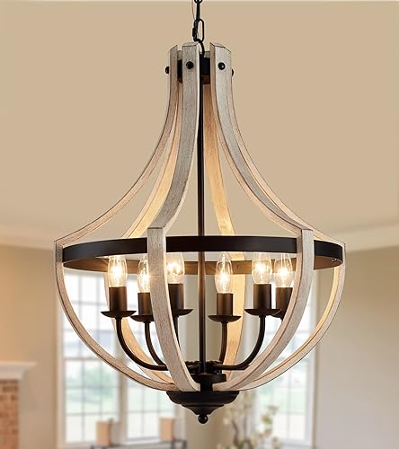 Lámpara colgante de 6 luces de abedul blanco + negro de metal antiguo para pasillo, vestíbulo, sala de estar, comedor, cocina, certificación UL