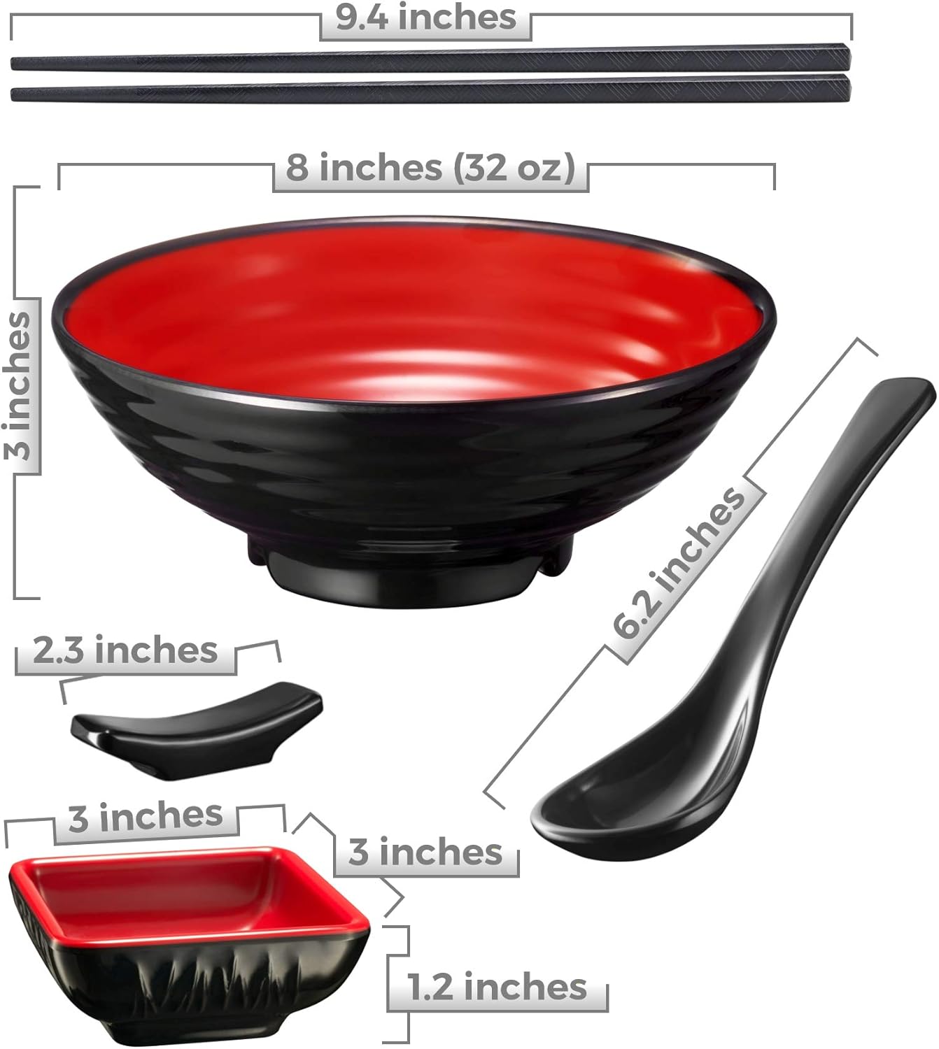 Unbreakable Ramen Bowl Set with Chopsticks and Spoon: 2 large Japanese Style Melamine Ramen Bowls, Dipping Bowls and Chopstick Stands for Asian Pho Soup Thai Miso Udon Wonton (2 Bowl Set, Red-Black) - Image 2