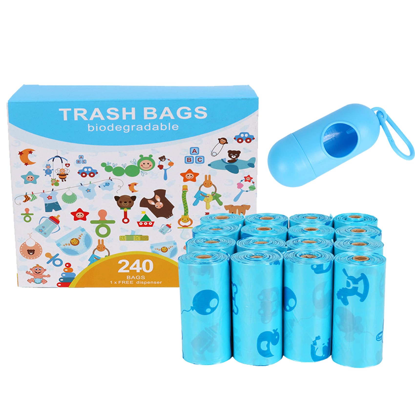 AUTENS Disposable Diaper Bags for Baby, 16 Rolls/240 Bags, Nappy Sacks Waste Bin Bags Biodegradable Disposal Bags with Dispenser, Compostable Baby Poop Bags Diaper Sacks Diaper Trash bag