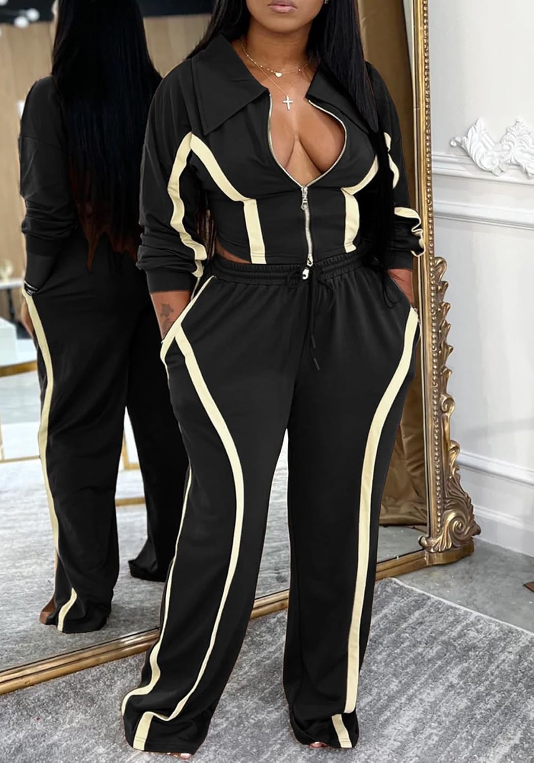 SHINFY Women's Fall Two Piece Tracksuit Color Block Long Sleeve Zip Up Sweatshirt Jogger Sweatsuit Pants Set - Image 2