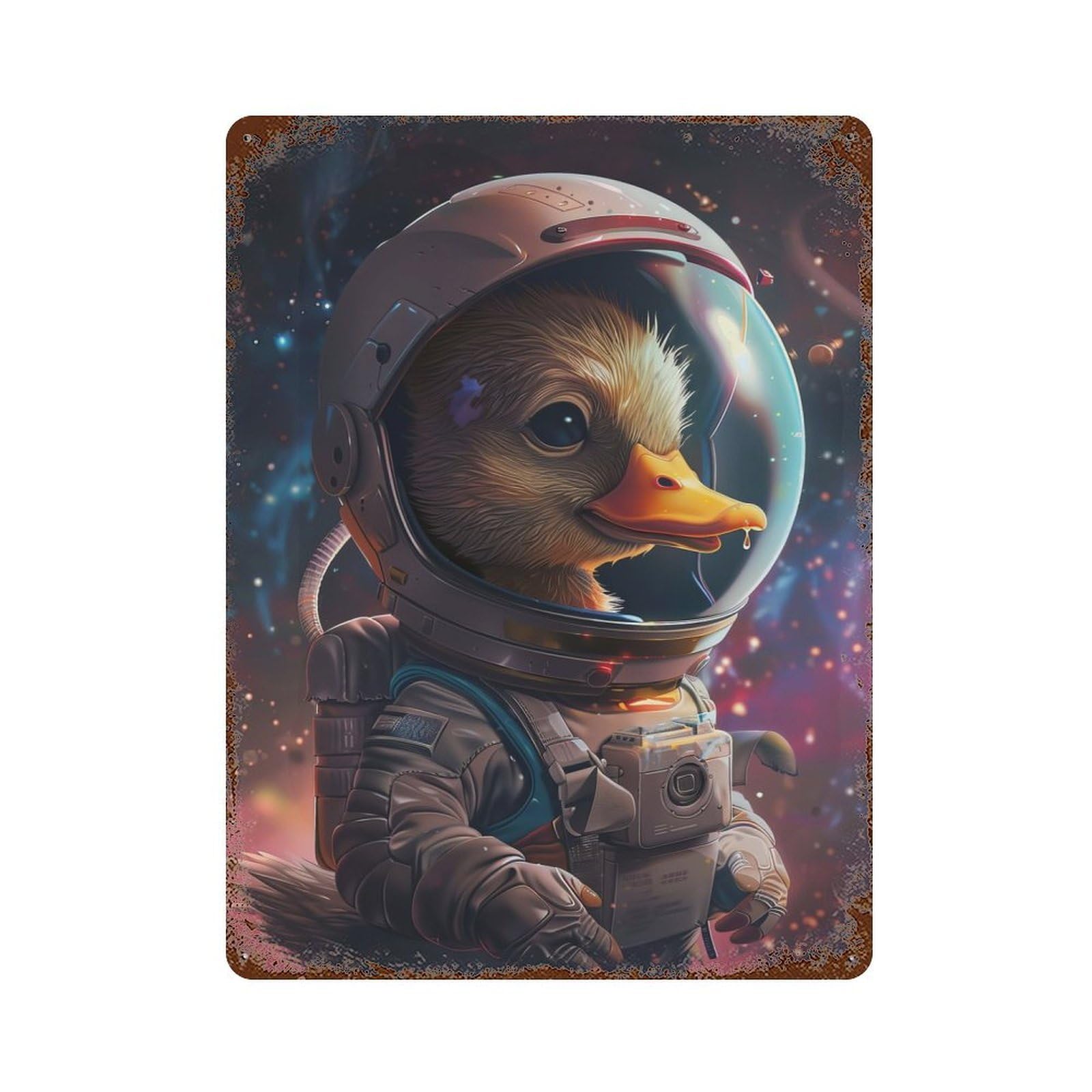 Duckling Astronaut Aged Metal Wall Plaque 15.7"x11.8", Industrial Home Decor for Pub, Kitchen And Man Cave Decor