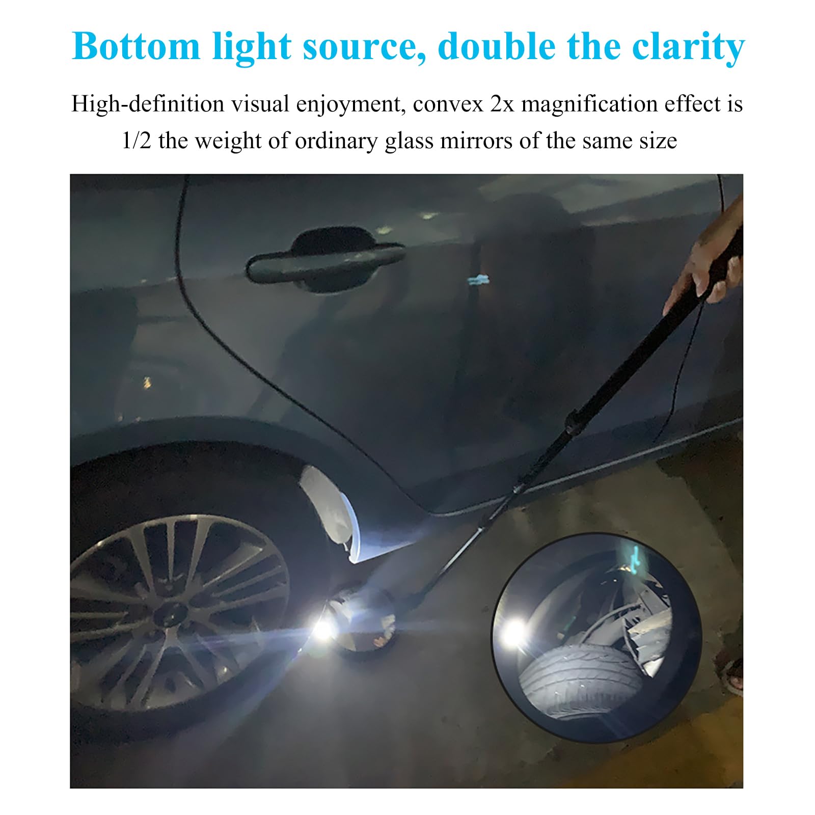 Espejo De Inspección para Bajos De Vehículo, Espejo Convexo Gran Angular Retráctil De 1,6 M con Luz LED, Rotación De 360°, Aumento De 2X, para Inspeccionar El Chasis Y Otros Objetos.