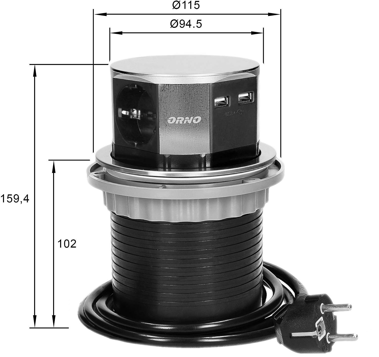 ORNO OR-AE-1381(GS) wpuszczana listwa zasilająca do zabudowy, potrójna + 2 x USB 3680 W, Ø 10 cm
