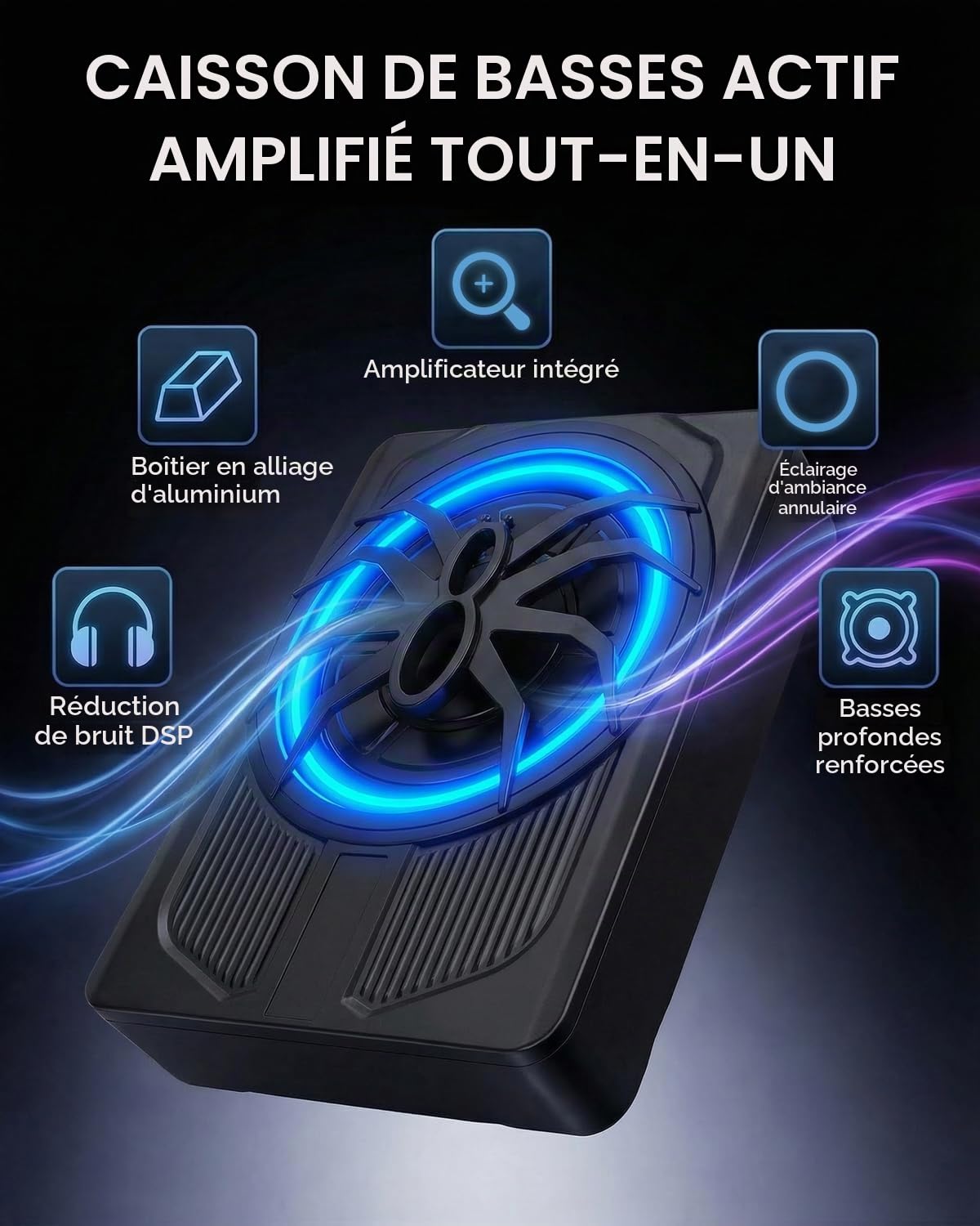 Subwoofer Actif 10 Pouces 1000 W Max avec Éclairage Bleu