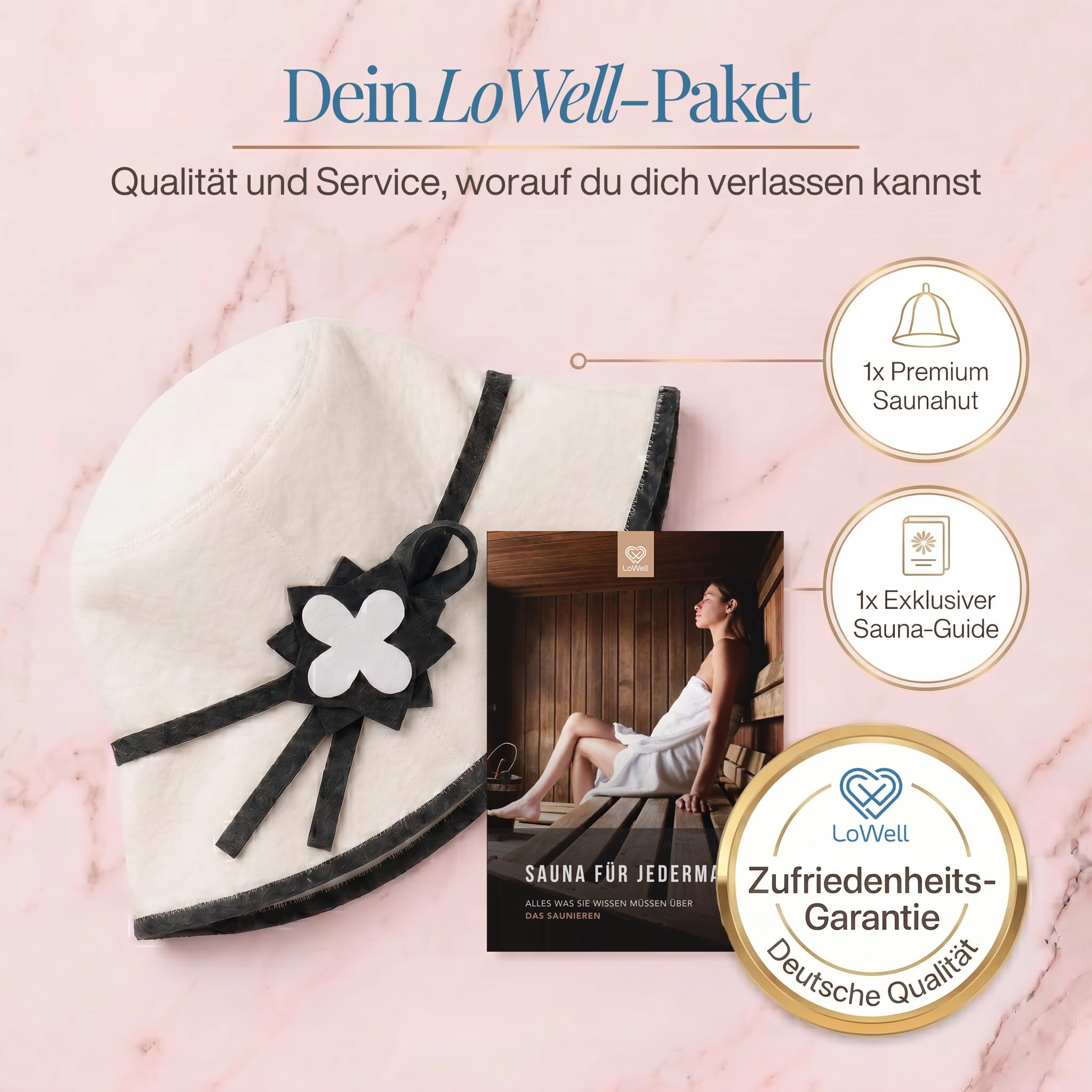 LoWell® czapka do sauny – filcowa czapka dla kobiet i mężczyzn, w zestawie poradnik użytkownika sauny – idealny dodatek do sauny dla wyjątkowego doświadczenia spa – czapka do sauny (kwiat)