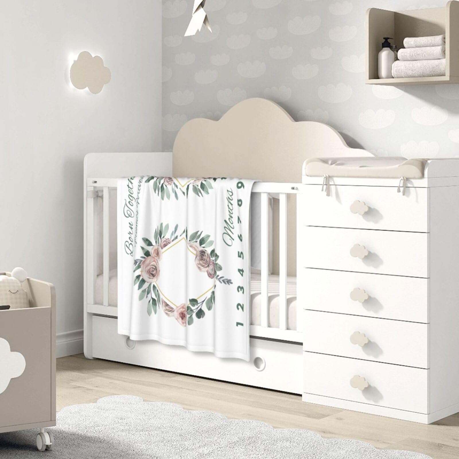 Twins - Manta mensual de bebé para niñas, manta de mes de recién nacido, manta de franela suave para fondo de fotografía, regalo de ducha personalizado, flor bohemia