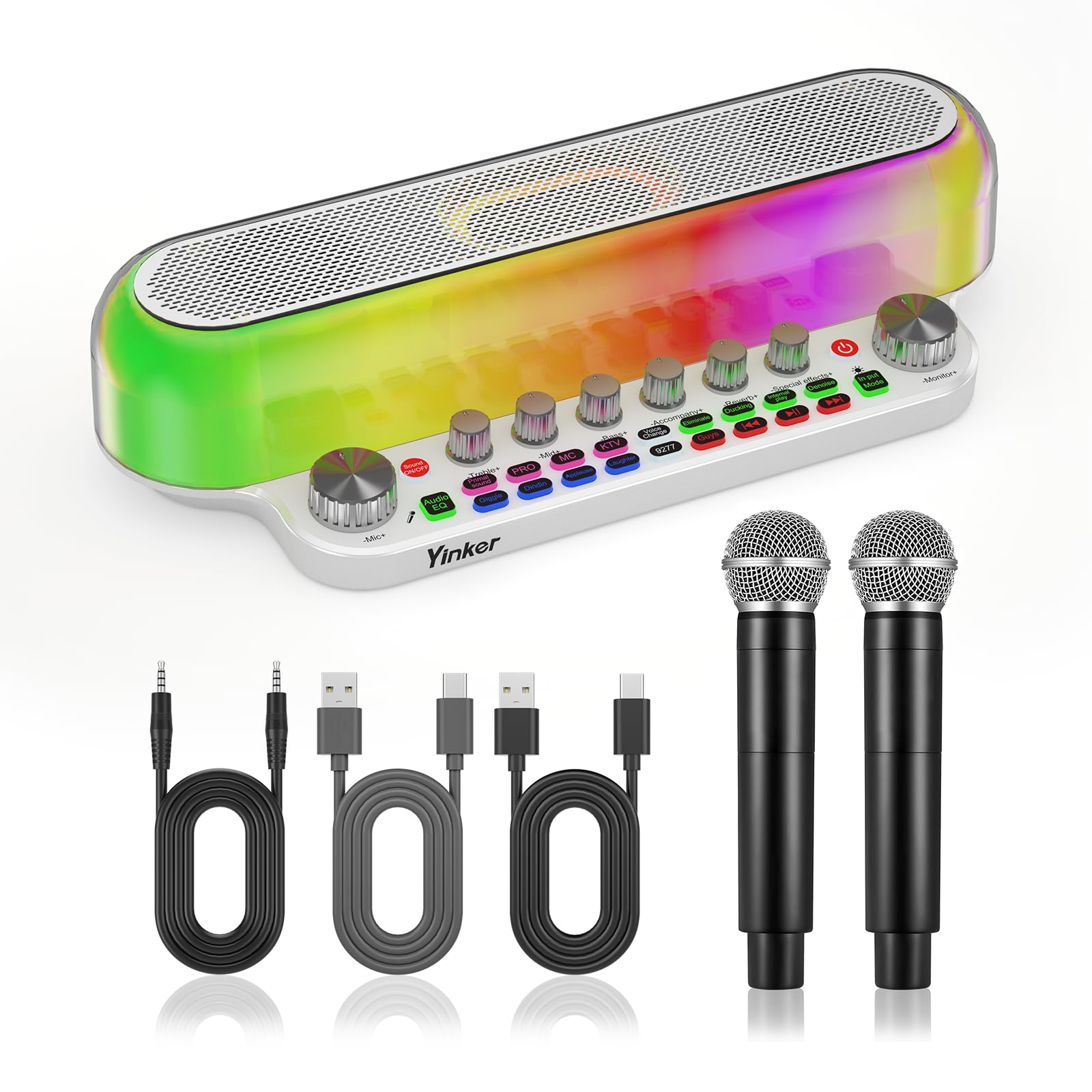 Macchina per karaoke con 2 microfoni wireless, scheda audio portatile Bluetooth Live con bassi/alti, effetti sonori, OTG, ingresso AUX per live streaming, feste in casa, all'aperto, regali