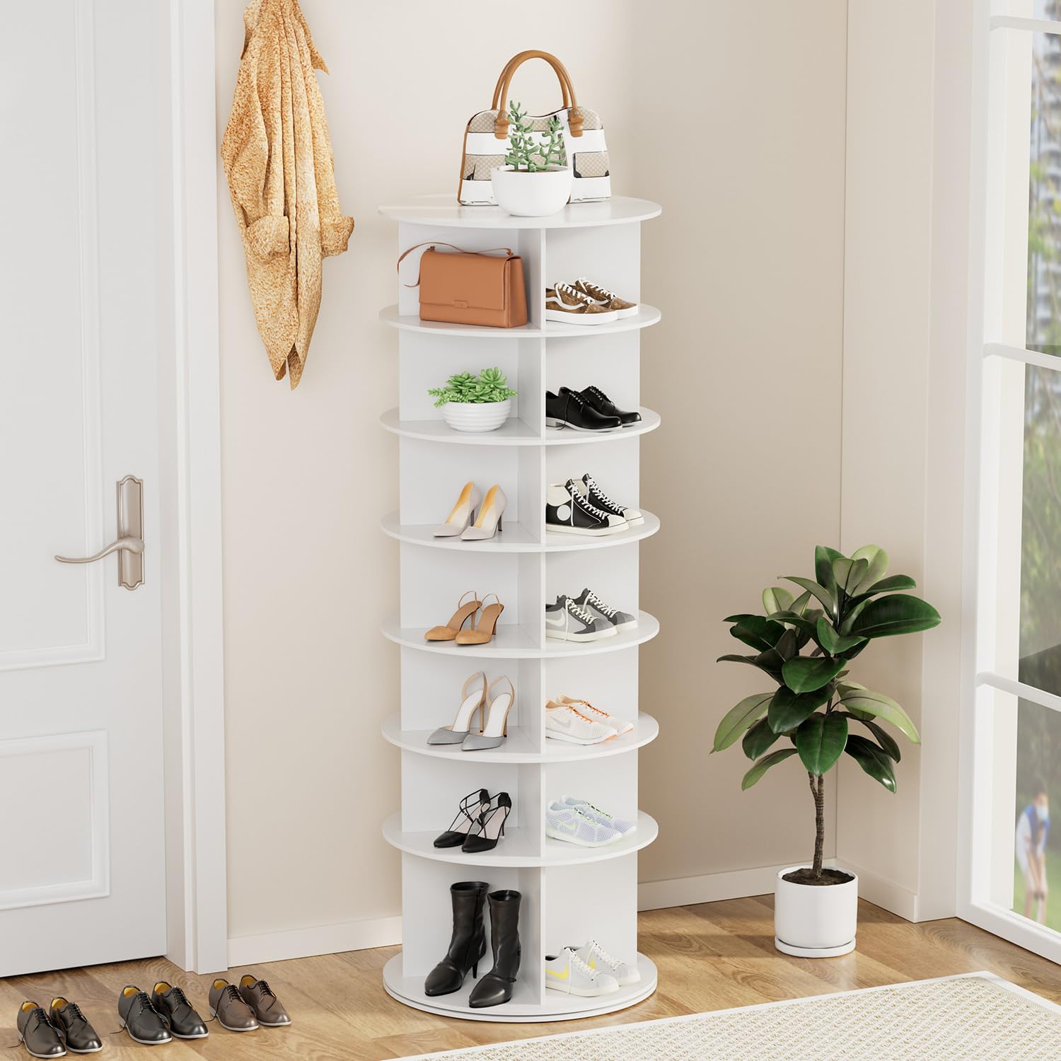 bimiti Zapatero giratorio de 7 niveles, torre giratoria de pie, 360°, organizador de almacenamiento fácil de montar, sostiene más de 28 pares de zapatos para entrada y armario (7 niveles)