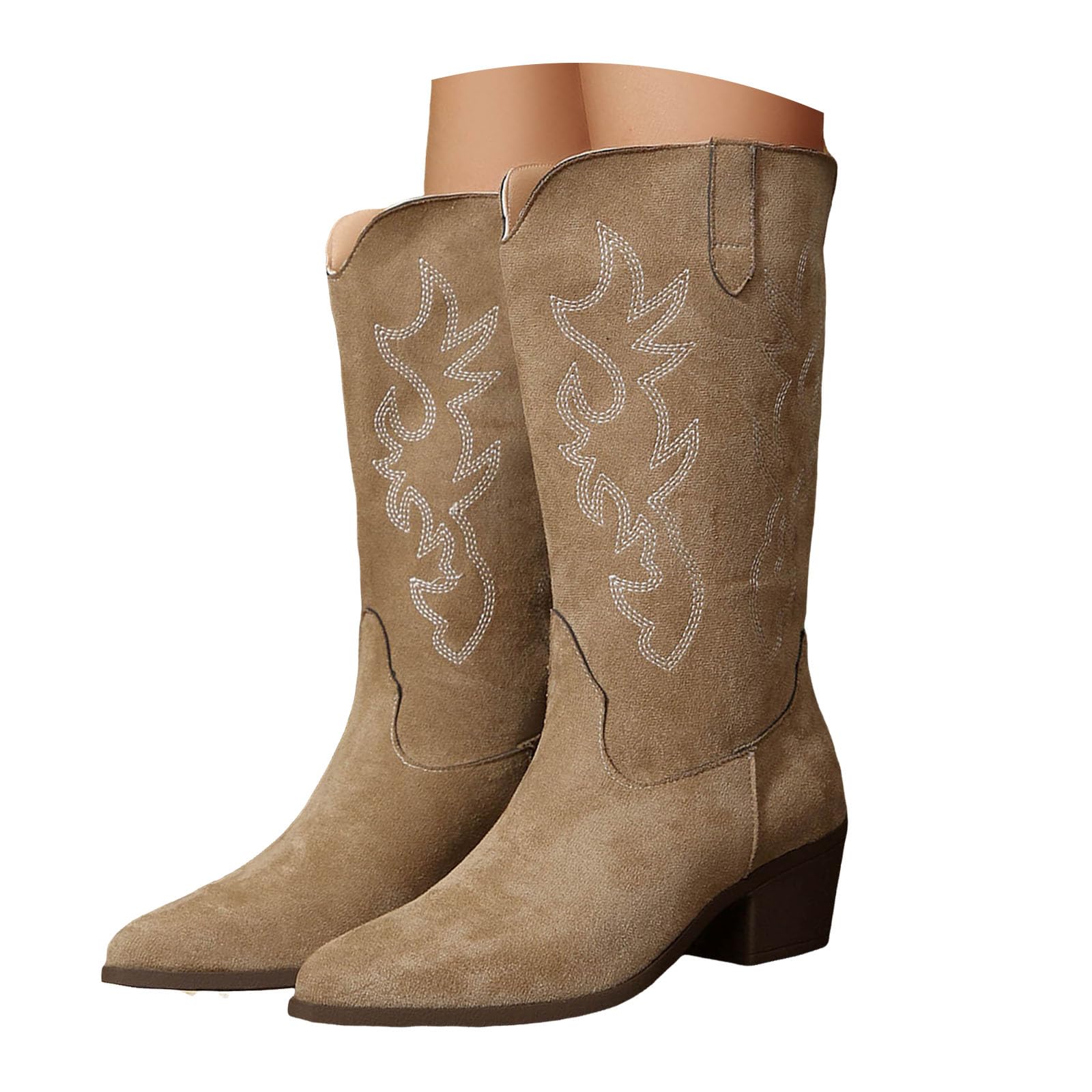 Womens Cowboy Mid-Calf Boots Embroidered Stitched Wide Calf High Cowgirl Western Boots Almond Toe Chunky Heel Retro Country