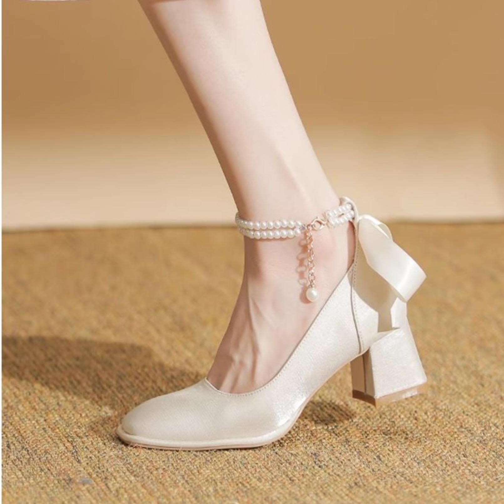 Generico Scarpe da Sposa in Raso da Donna con Cinturino di Perle | Punta Quadrata DéColleté Da Vestito, Tacchi A Blocco Scarpe Da Ballo Per Feste, Cinturino Alla Caviglia Scarpe Da Sposa