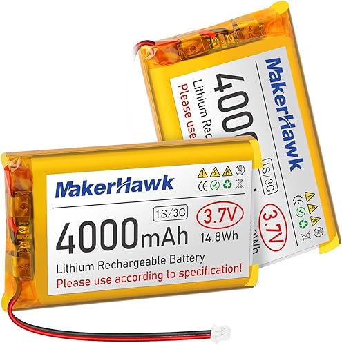 MakerHawk Batería LiPo de 3.7V 4000mAh recargable 1S 3C Batería de polímero de litio con placa de protección cinta de goma aislada, enchufe micro