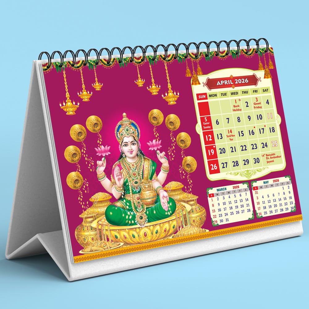 Goddess Lakshmi Desk Calendar 2027(April 2026 to March 2027) (B5 10x8") Stand Up table Calendar, HD Goddess Lakshmi month wise table Calendar, Back side planner 12 month with habit Tracker & Scheduler-image-17