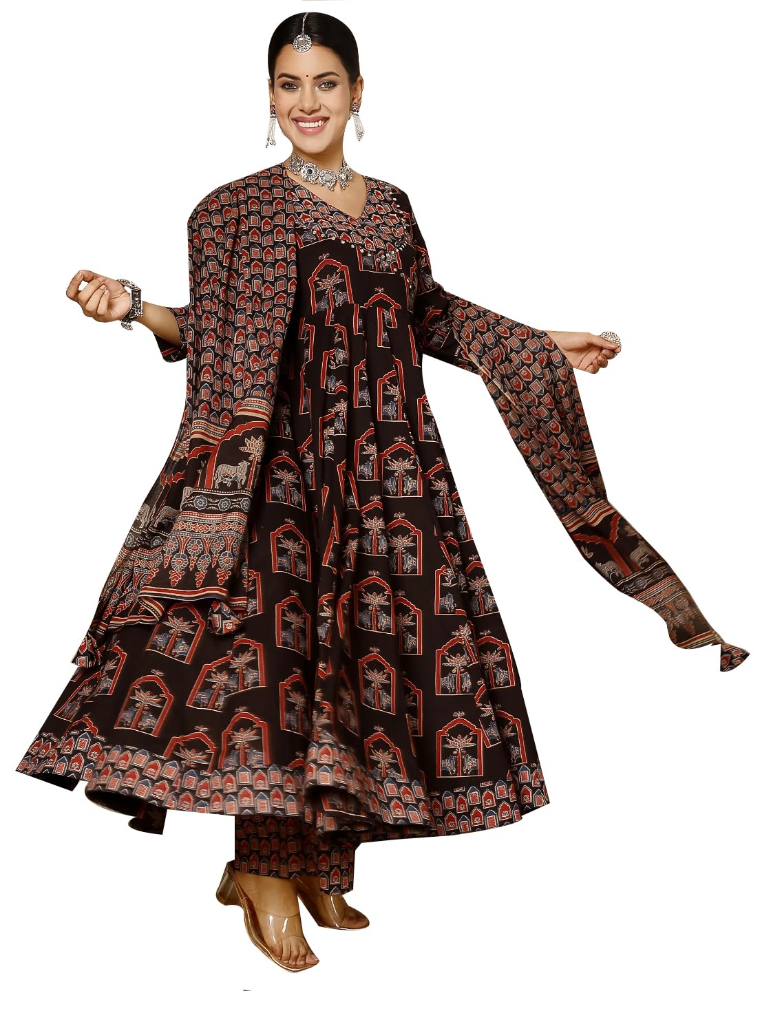 gulmohar jaipur Women's Cotton Calf Length Printed Flared Kurta Palazzo Dupatta Suit Set-picture-12