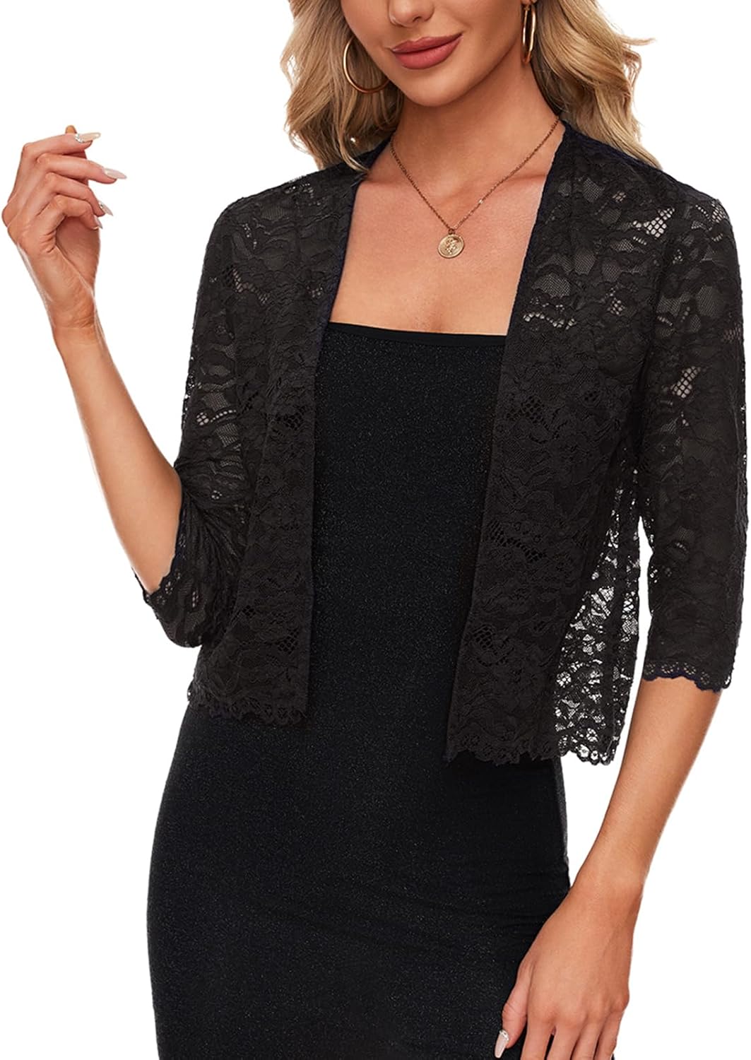 MINTLIMIT Elegant 3/4 Sleeve Shrug for Women's Dress Open Front Lightweight Sheer Crochet Lace Cropped Cardigan,Black,2XL - Image 5