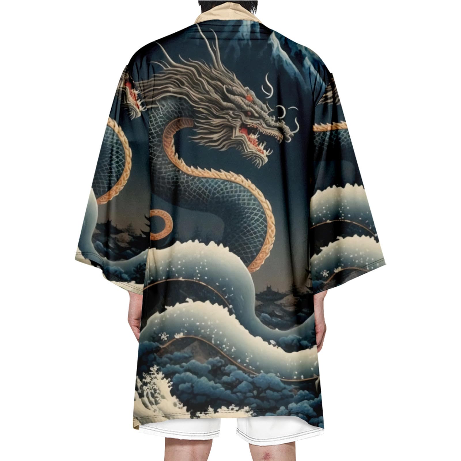 Dayket Men's Blue Dressing Gown Lightweight Kimono Bathrobe Plus Size Printed Dragon Japanese Sleepwear,-4Xl