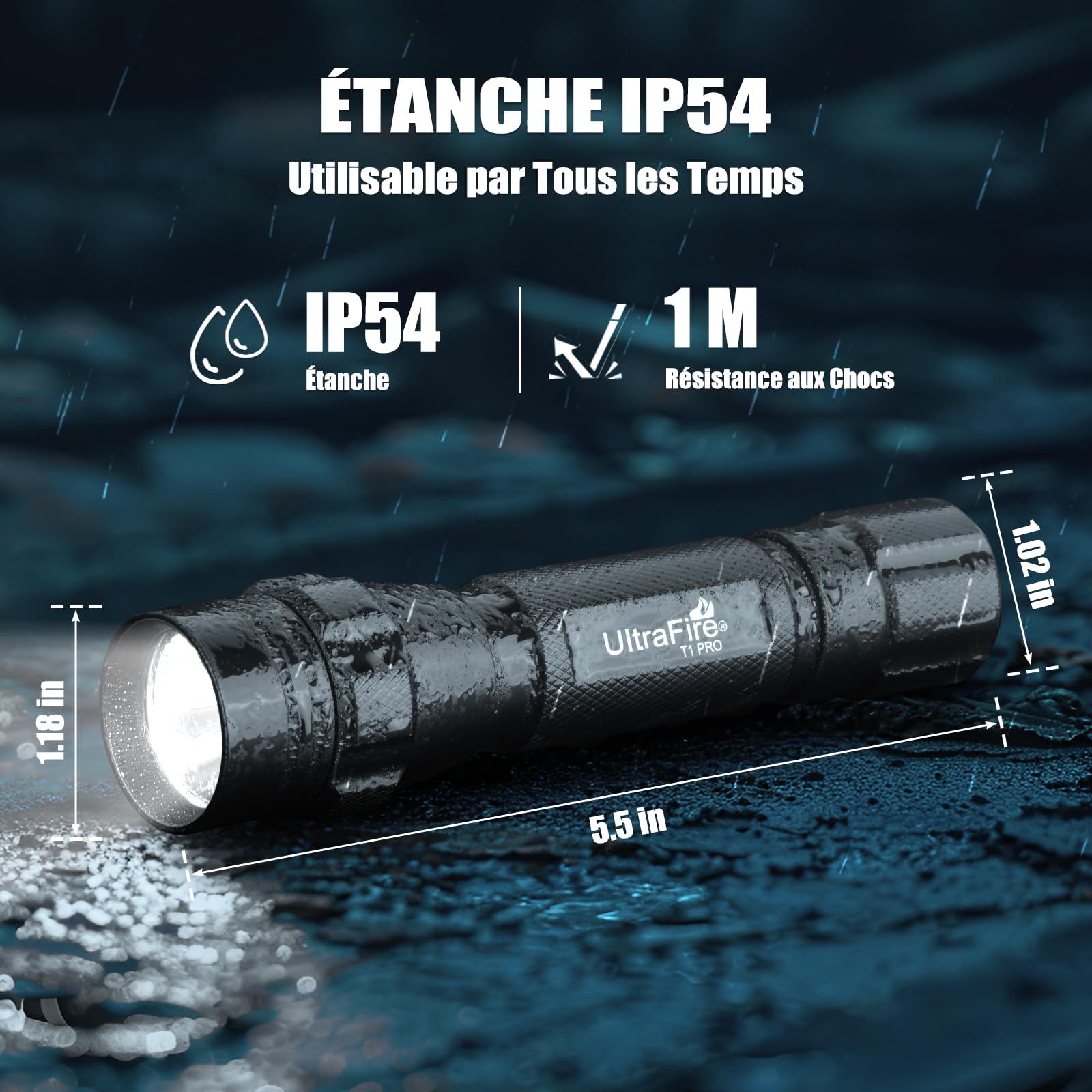 ULTRAFIRE T1 PRO Lampe torche tactique à LED avec étui de ceinture, 1000 lumens, mode unique, petite lampe de poche avec support de lampe de poche pour ceinture de service, torche de police pour