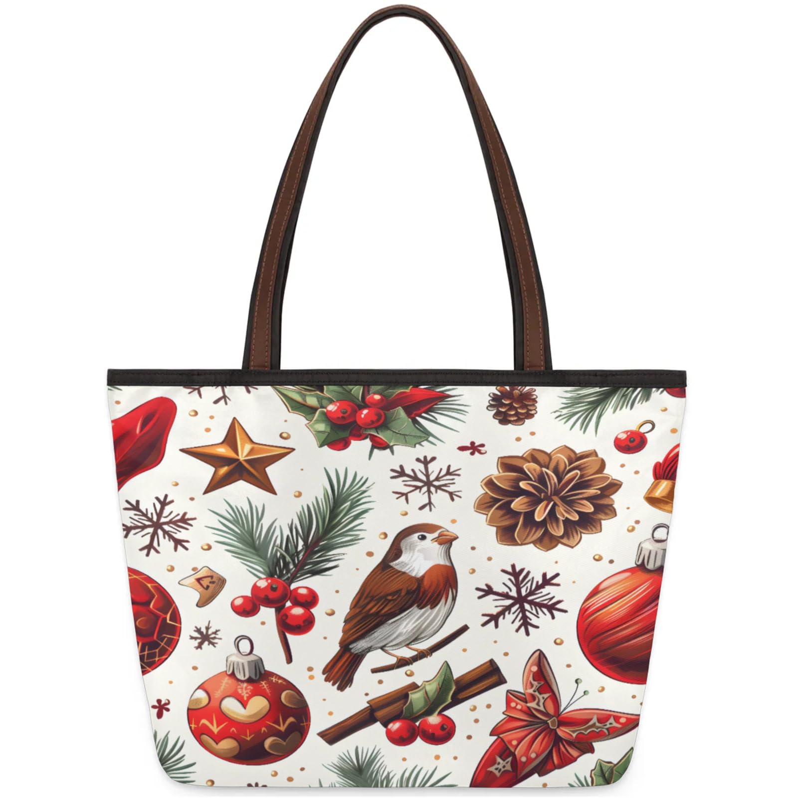Watercolour Bird Berry Branch Snowflake Tote Bag Multi Pocket Zippered Beach Bag Lightweight Waterproof Handbag for Women Men Work Gym Travel Swimming Yoga Grocery Shopping L