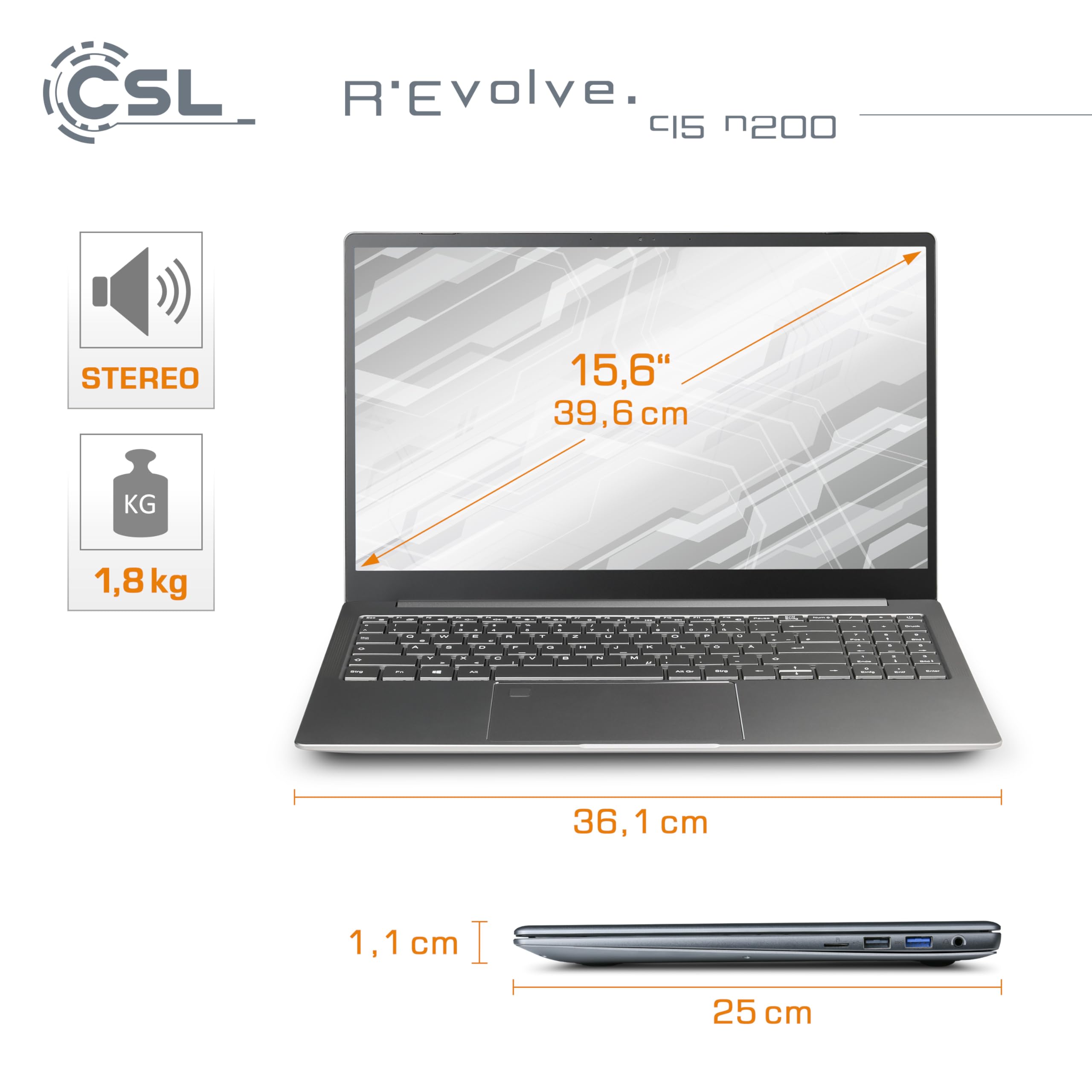 Notebook CSL R'Evolve C15 v3 Windows 11 Home - Ultra-Slim Laptop, 15,6 Zoll Display FHD 1920x1080 IPS, Intel N200 CPU 4x3700 MHz Turbotakt, 500 GB M.2 SSD, 16 GB DDR4-RAM, USB 3.2, BT 5.1, AC WLAN