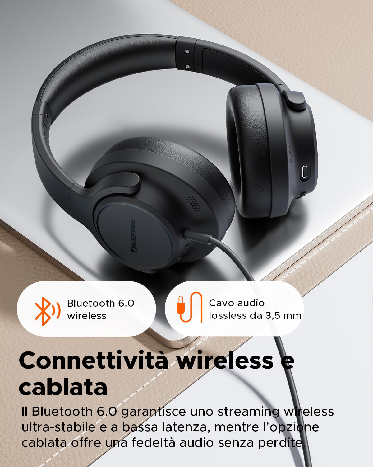 truefree HF10 Cuffie Wireless con ANC Ibrida, Over-Ear Bluetooth 6.0, 125 Ore Autonomia, Audio Spaziale, Bassi Profondi, EQ Personalizzabile via App, Doppia Connessione