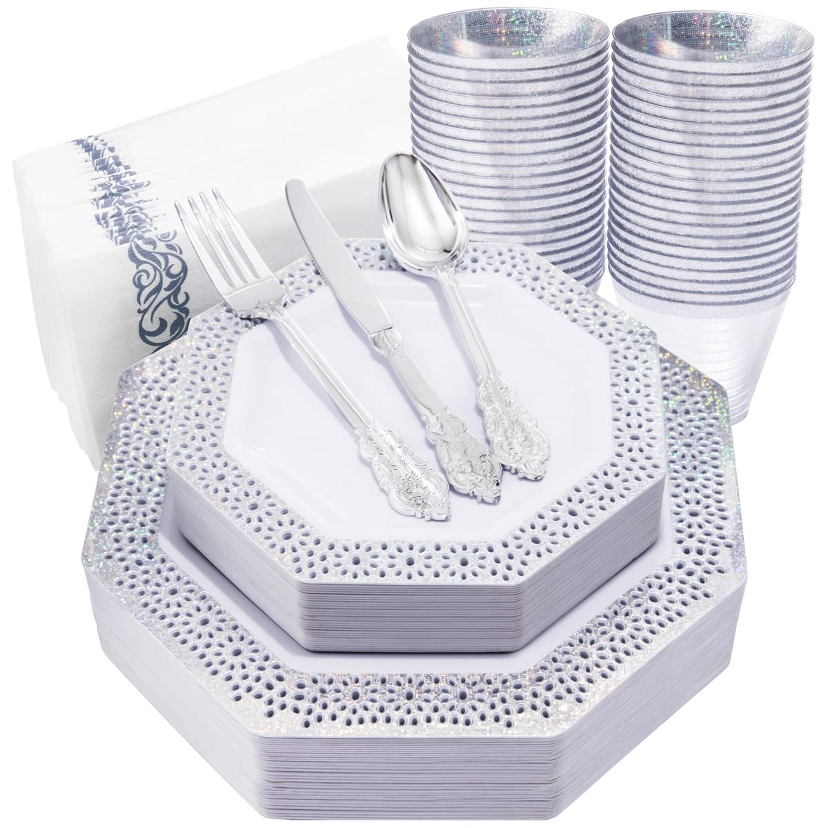 BBG 210Pcs White Plastic Plates with Silver Rim Disposable Silverware & Cups, Silver Plastic Tableware Include 30Dinner Plates, 30Dessert Plates, 30Forks, 30Knives, 30Spoons, 30Cups and 30Napkins