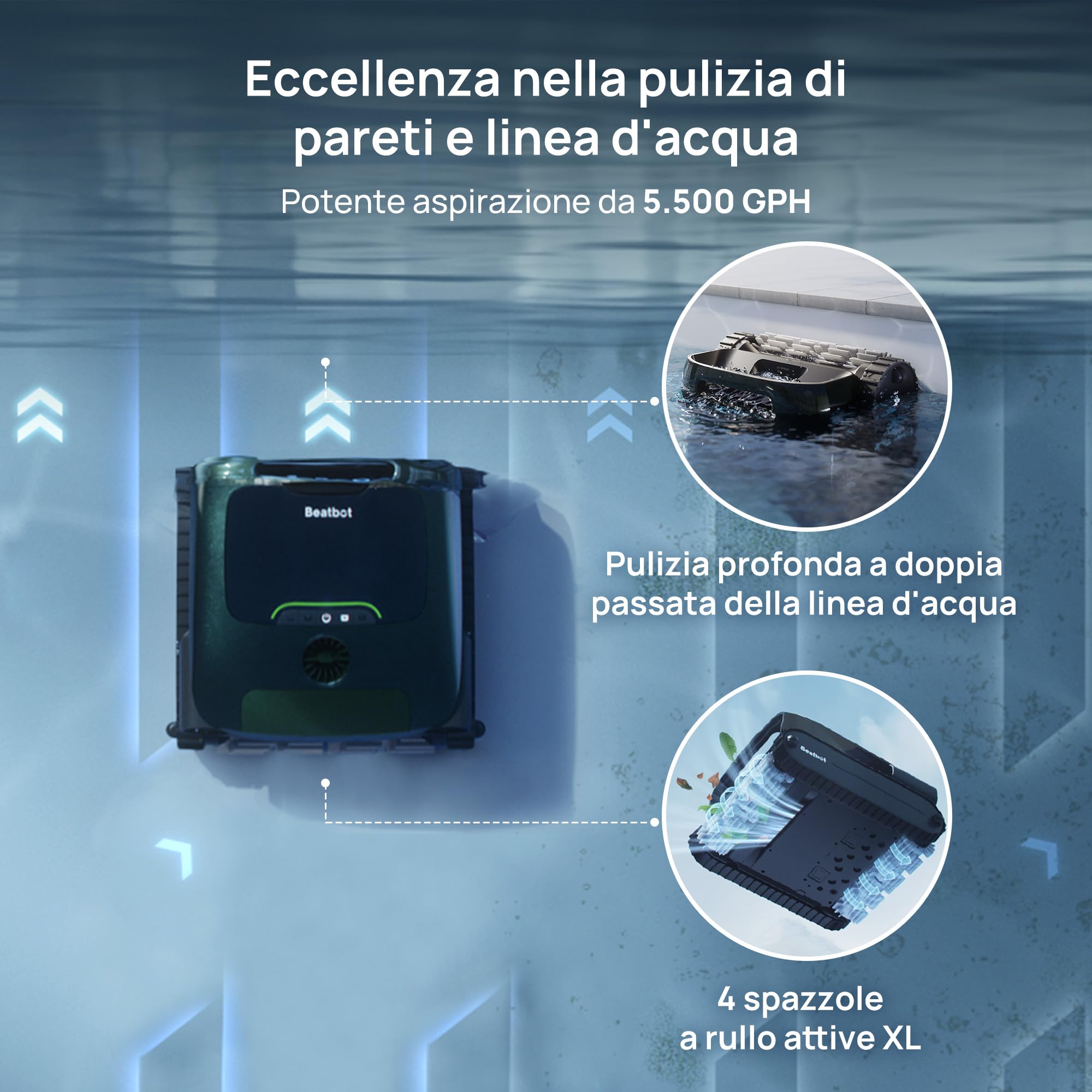 Beatbot AquaSense 2 Robot Piscina pareti e Fondo,Linea d'Acqua,Verde Bosco | Pulisce pavimento, pareti, superficie e chiarifica l'acqua.Posizionamento intelligente, Autonomia fino a 11 ore