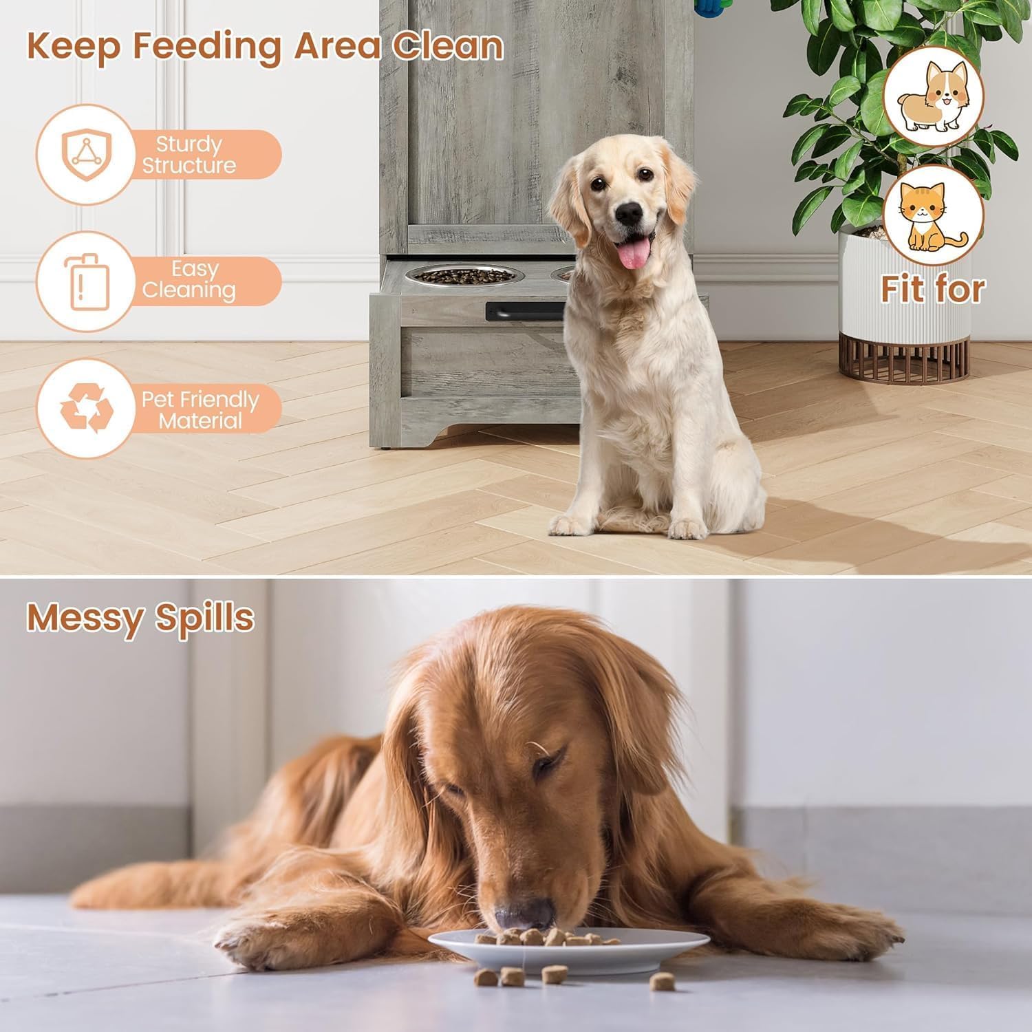 IDEALHOUSE Estación De Alimentación para Perros con Armario De Almacenamiento 11kg - Cuencos Elevados De Acero Inoxidable y Depósito Hermético con Tapa Abatible - Madera para Salón o Cocina (Gris)