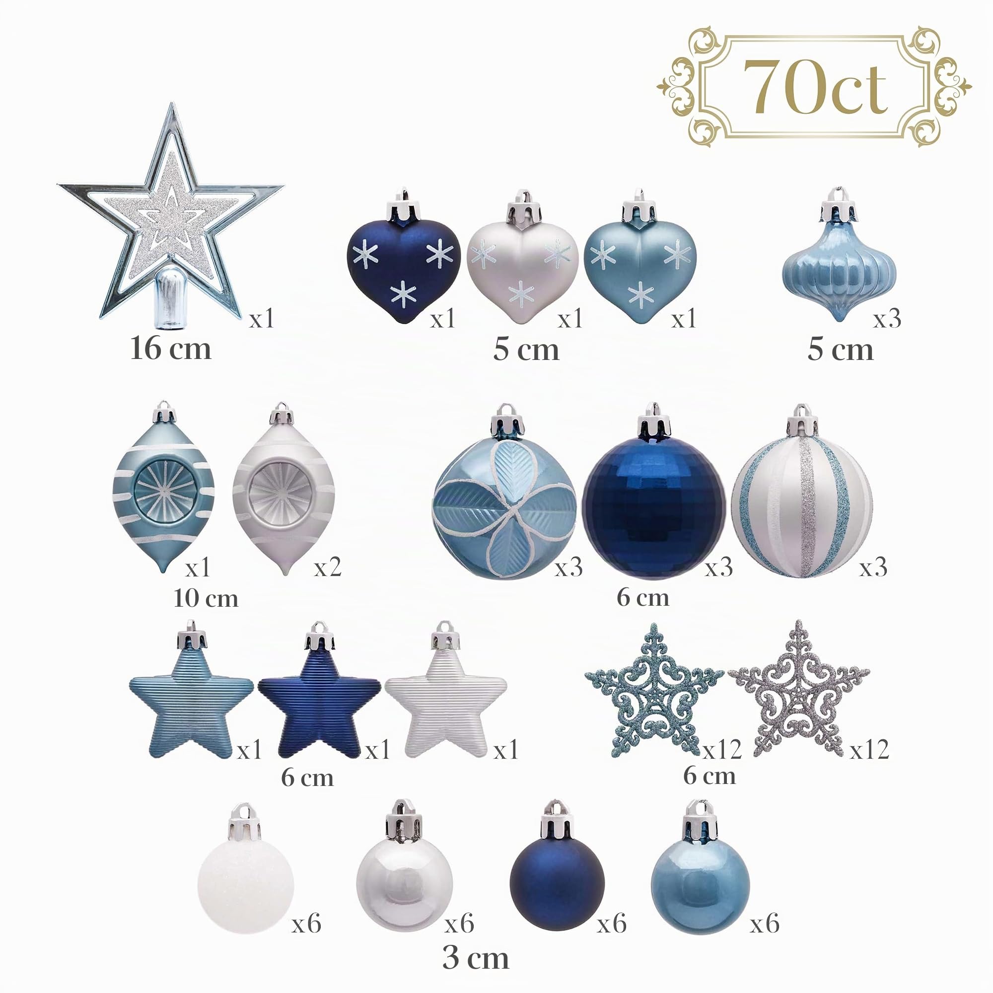 Valery Madelyn 70pcs Boules de Noël, Bleu et Blanc, Décoration à Suspendre pour l'arbre de Noël en Plastique, Ornements Incassables avec Étoile pour Sapin de Noël, Emballage en Papier Kraft de Luxe