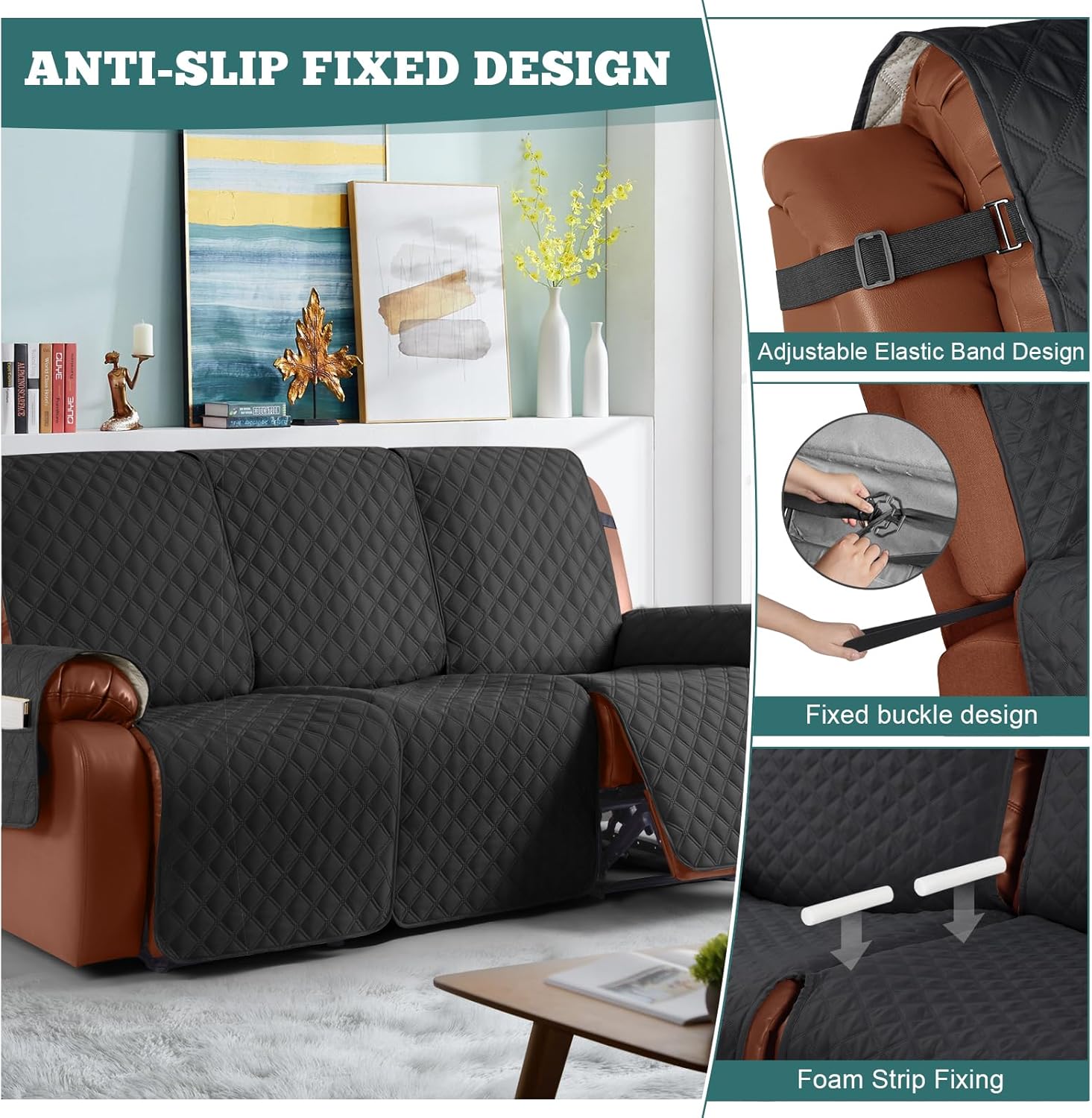 Ruaozz Waterproof Recliner Couch Covers 1-Piece Sofa Covers Washable Recliner Covers Non-Slip Furniture Protector with Elastic Straps Pocket for Kids Pets(Black, 3 Seater)