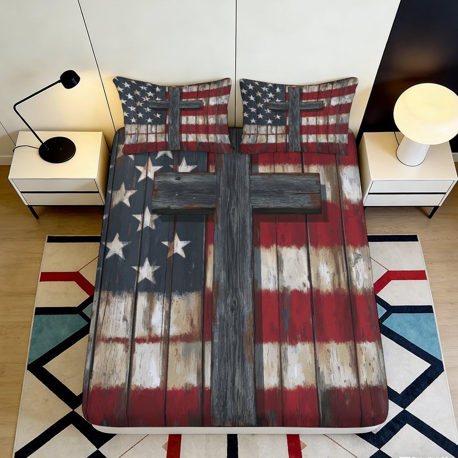 3D Printed American Flag Cross Fitted Sheet Microfiber Anti-Slip Mattress Cover for Bedroom Guest Room Easy Care Decor 120x200x25cm