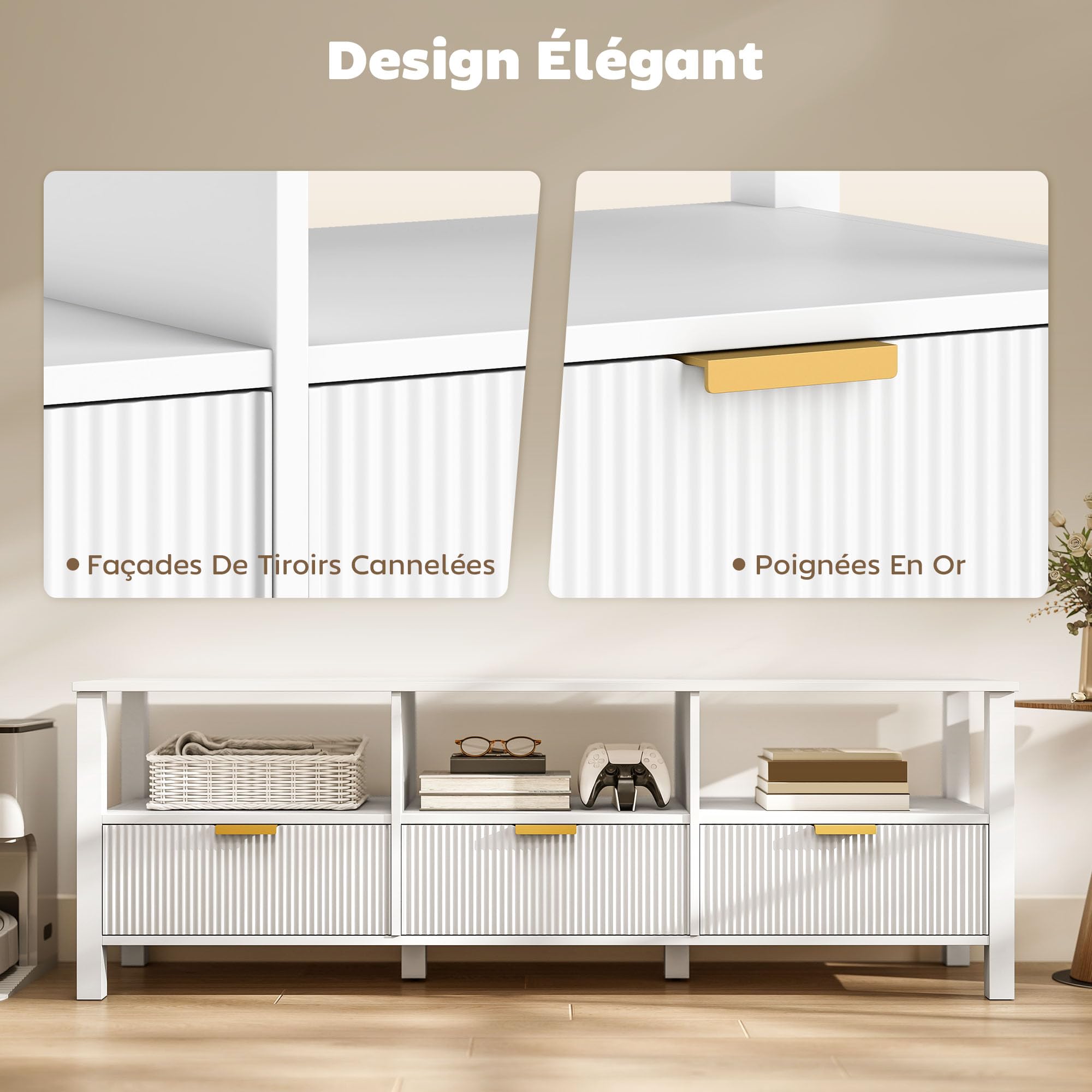 HOMCOM Meuble TV 152 cm, Meuble télé pour téléviseur jusqu'à 65 Pouces avec 3 tiroirs cannelés et 3 étagères Ouvertes, Banc TV Moderne pour Salon, Chambre à Coucher, Blanc