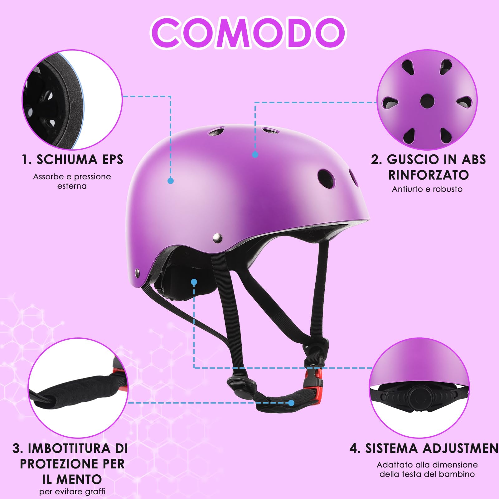 ZWOOS Protezioni Skateboard Bambino,Protezioni Bici Bambino con Casco Regolabile Ginocchiere Gomitiere, Protezioni Skateboard Bambini per Skateboard,Bicicletta,Pattinaggio, Monopattino (viola)