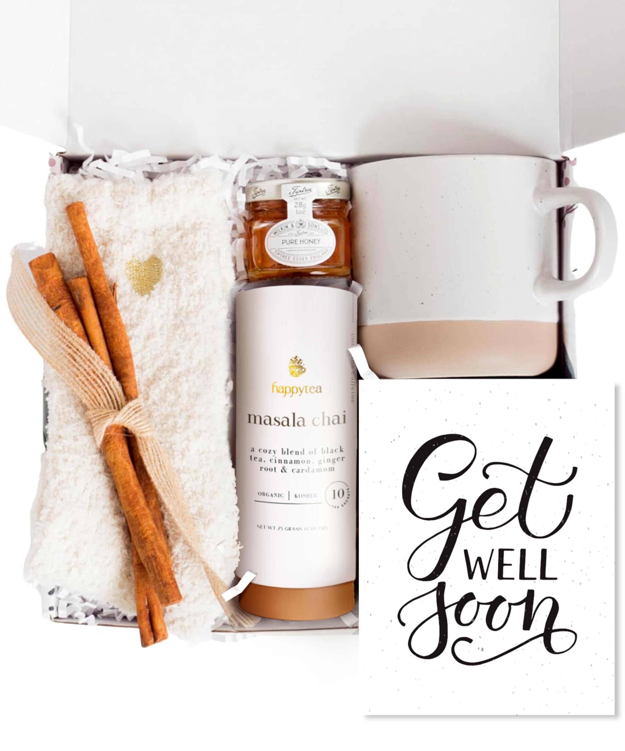 Unboxme Get Well Soon Comforting Gift Basket for Women - Soothing Self Care Box with Fluffy Socks, Ceramic Mug, Chai Tea, Honey & Cinnamon for Mom,