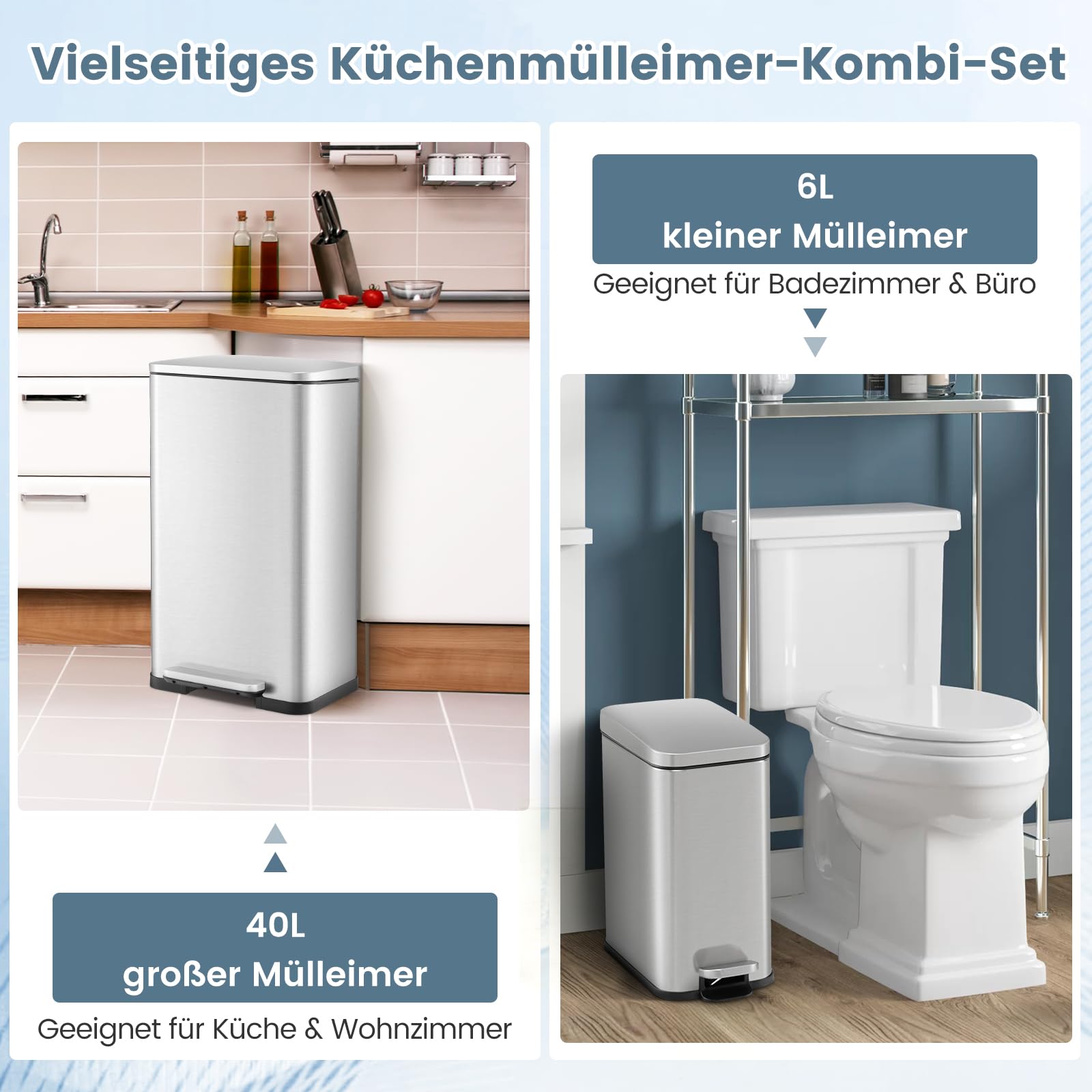 GOPLUS Kosz na śmieci ze stali nierdzewnej, 40 l + 6 l, zestaw z pokrywką i pedałem nożnym, pojemnik na śmieci nie zajmuje dużo miejsca, do kuchni, łazienki, biura i salonu, srebrny