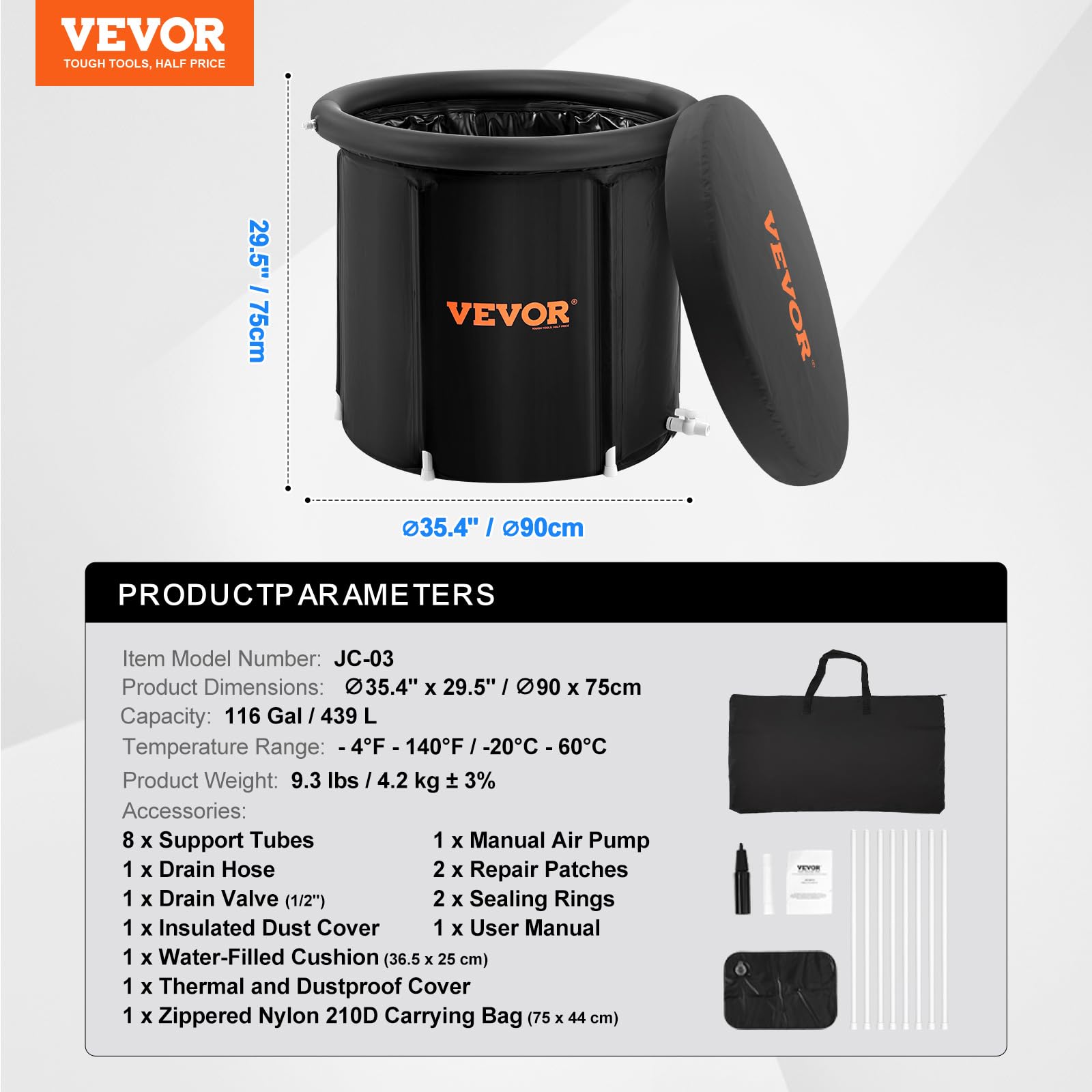 VEVOR Bain Froid Portable 90 x 75 cm 370 L, Baignoire Gonflable Pliable, Seau Bain de Glace pour Sportifs, Thérapie par Eau Froide, avec Couvercle, pour Adulte, Extérieur, Maison, Salle de Sport