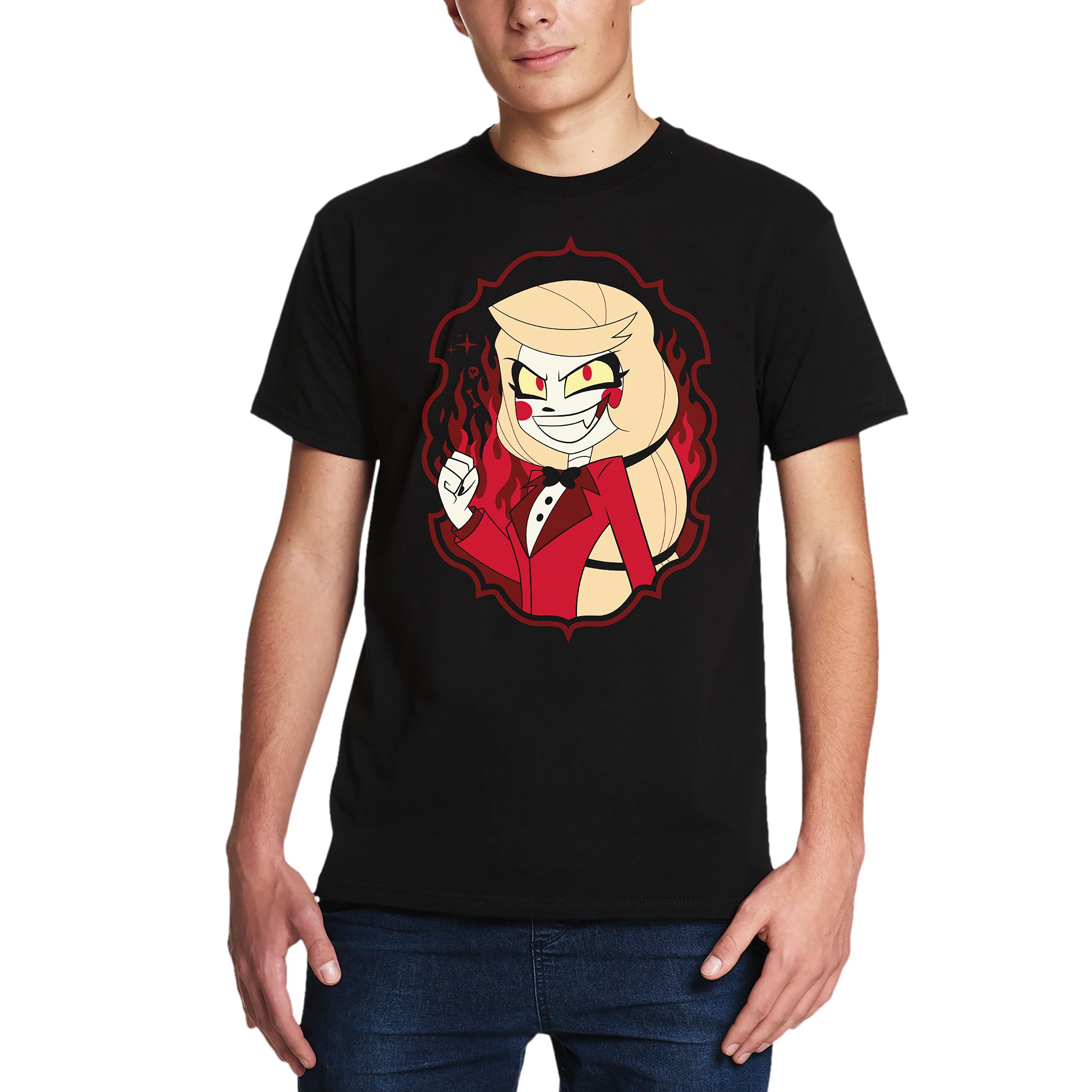 Elbenwald Charlie Morningstar T-Shirt with Character Front Print for Hazbin Hotel Fans - Men Women Unisex - Cotton - Black - L