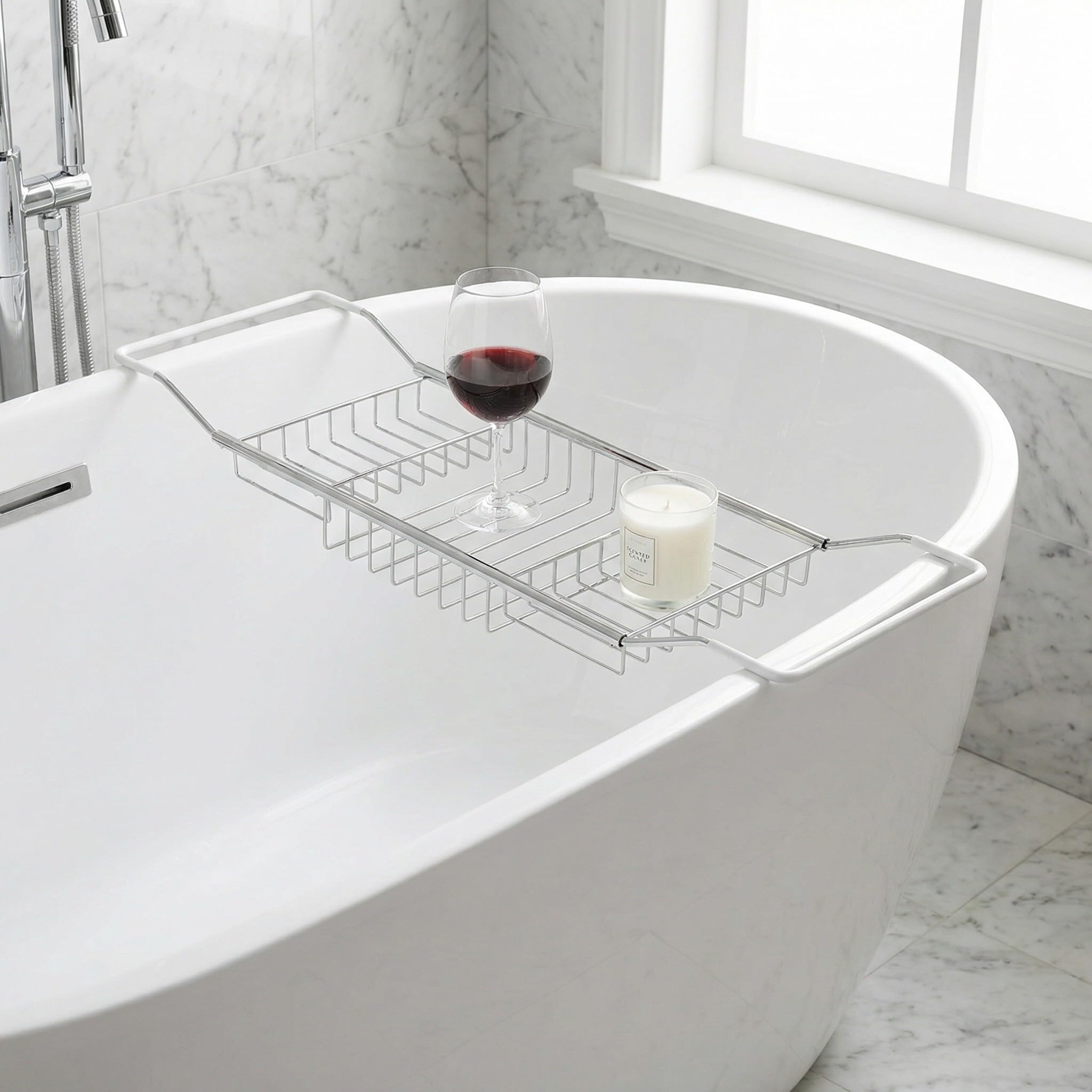 Bandeja de Bañera de Baño Ajustable de Acero Inoxidable Plata | Lateral Extensible, Diseño Antideslizante, Soportes Regulables, Uso en Baño Doméstico