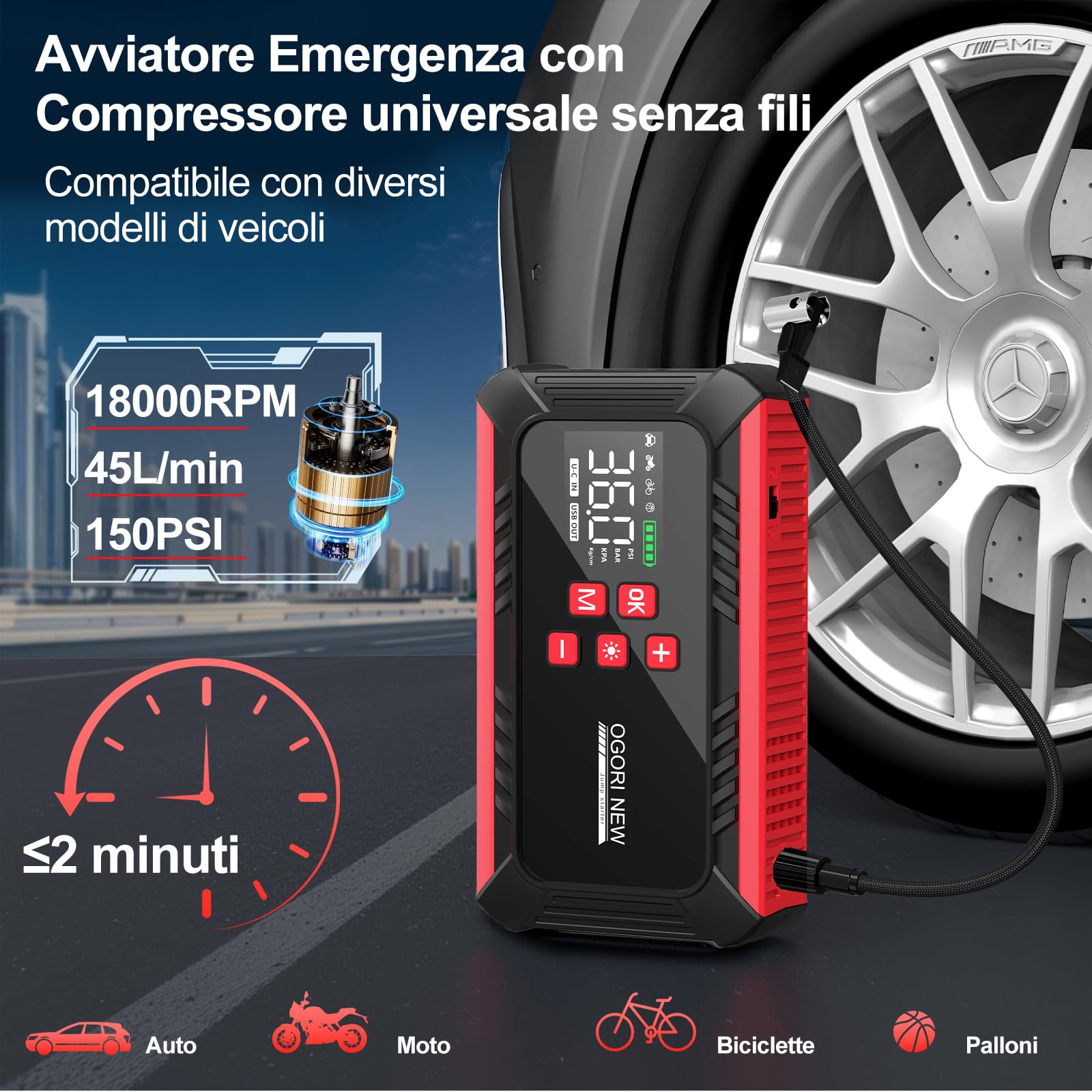 Avviatore Batteria Auto 6000A,Booster Avviamento Auto con 150PSI Compressore Aria,12V Starter Batteria Auto Portatile (8.0L Diesel/10.0L Benzina),Jump Starter Auto con Torcia a LED, Display LCD