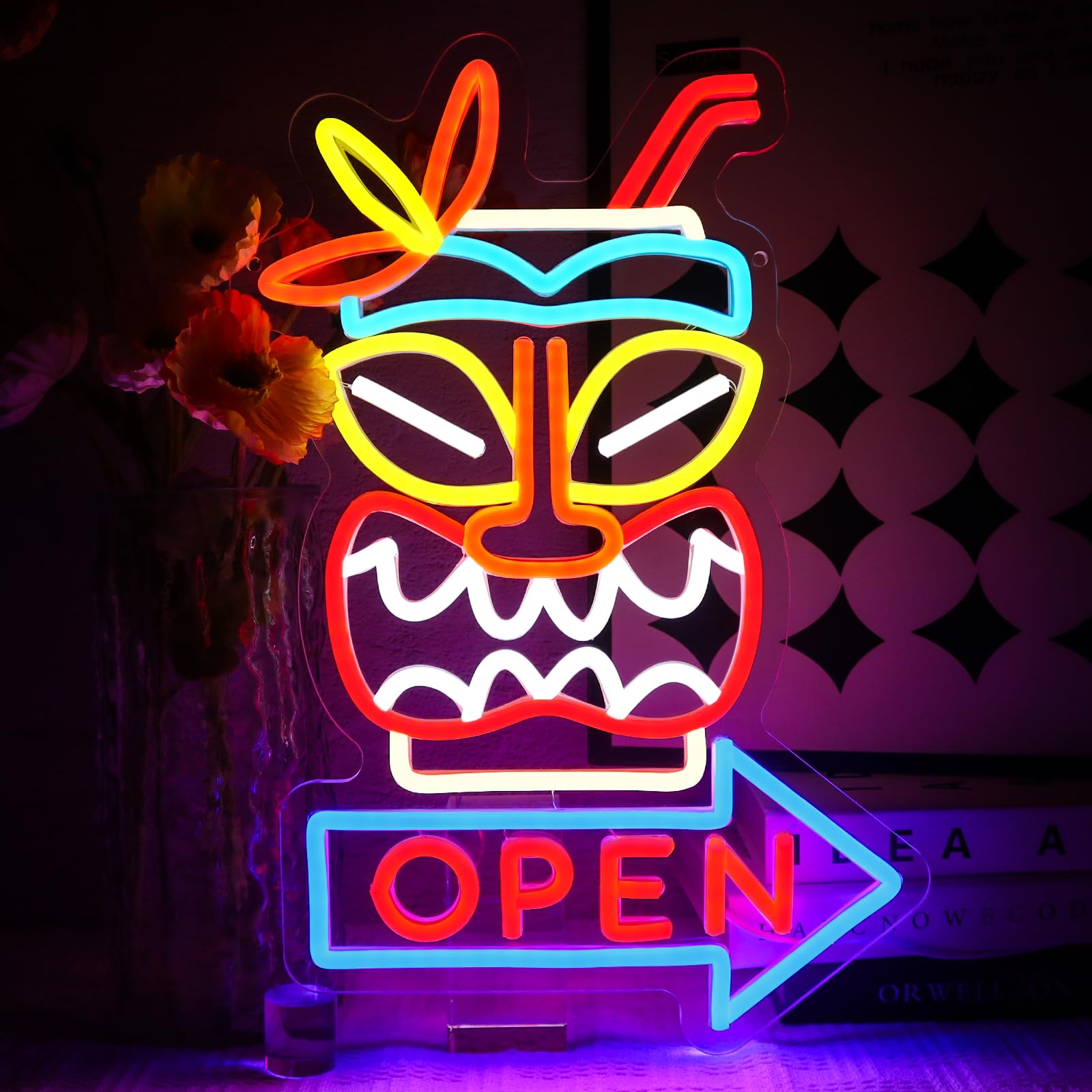 OYCGZV Open Neon Sign for Business 42 x 28 cm, Tiki Bar Neon Light, Dimmable USB Arrow Led Sign for Beer Bar Beach House Club Business Home Pub Man Cave Summer Party Decorations