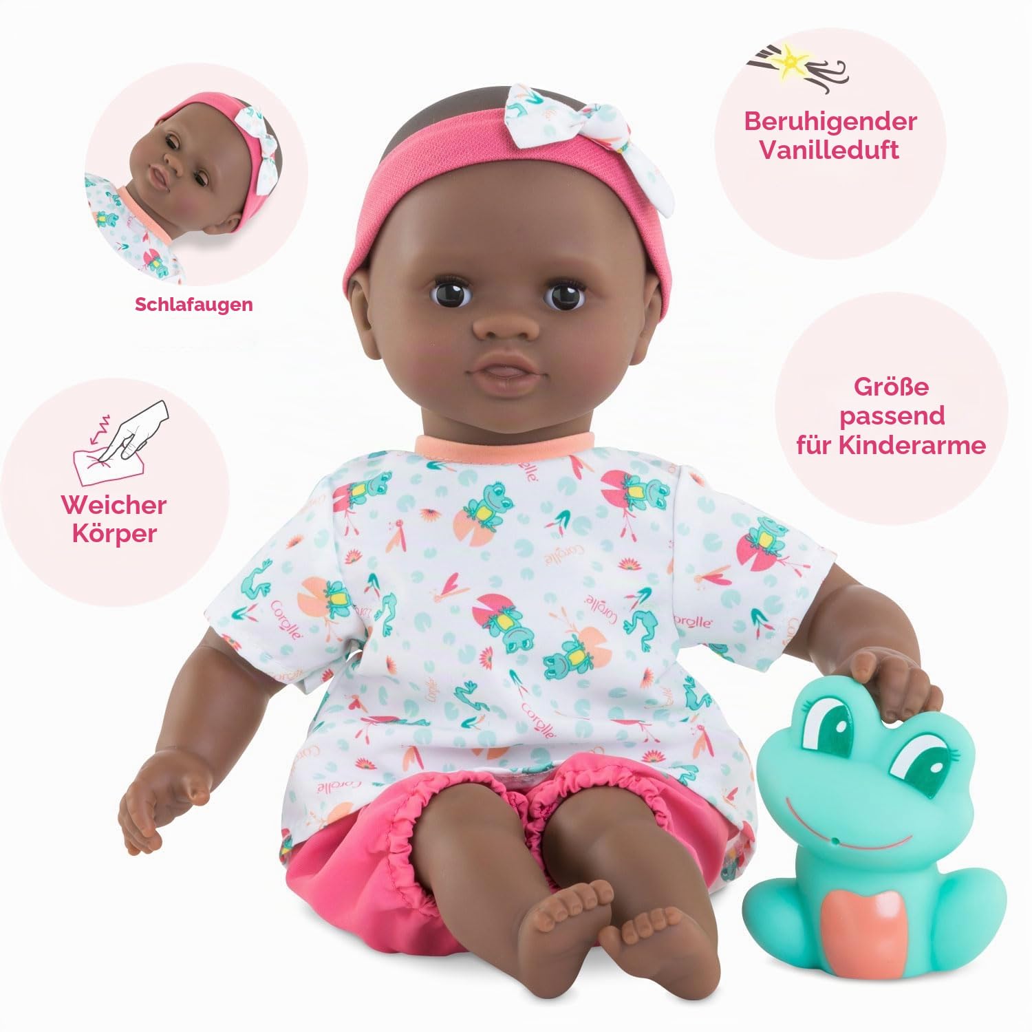 Corolle 9000100520 - Mon Premier Poupon Badebaby Alyzee, Weichkörper-Badepuppe mit Badetier, Schlafaugen, Vanilleduft, abnehmbare Kleider, 30cm, Für Kinder ab 18 Monaten geeignet