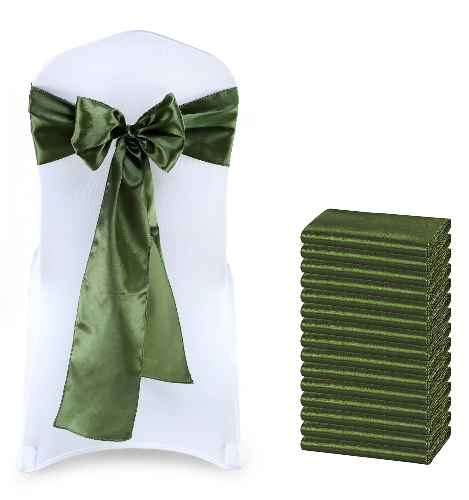 VDS Pack of 150 Satin Chair Sashes for Wedding & Events Décor | Soft Shiny Sateen Dining Chair Bows for Banquet, Party, Reception | Reusable Decorative Sash for Folding & Chiavari Chairs - Olive Green — image 1